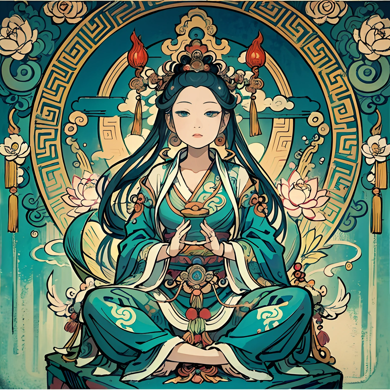 Woman sitting on a lotus,guanyin of the southern seas,Guanyin,contented female bodhisattva,jade sculpture,bodhisattva,queen of the sea mu yanling,serene,Serene expression,shui mo hua,Buddha,Buddhist,Lotus,Chinese painting style,Thangka style