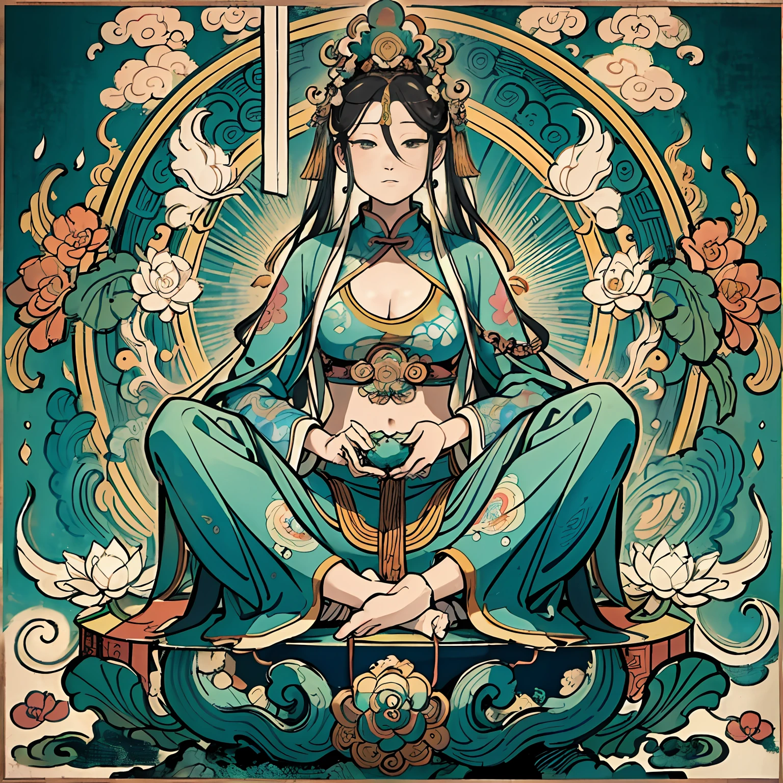 Woman sitting on a lotus,guanyin of the southern seas,Guanyin,contented female bodhisattva,jade sculpture,bodhisattva,queen of the sea mu yanling,serene,Serene expression,shui mo hua,Buddha,Buddhist,Lotus,Chinese painting style,Thangka style