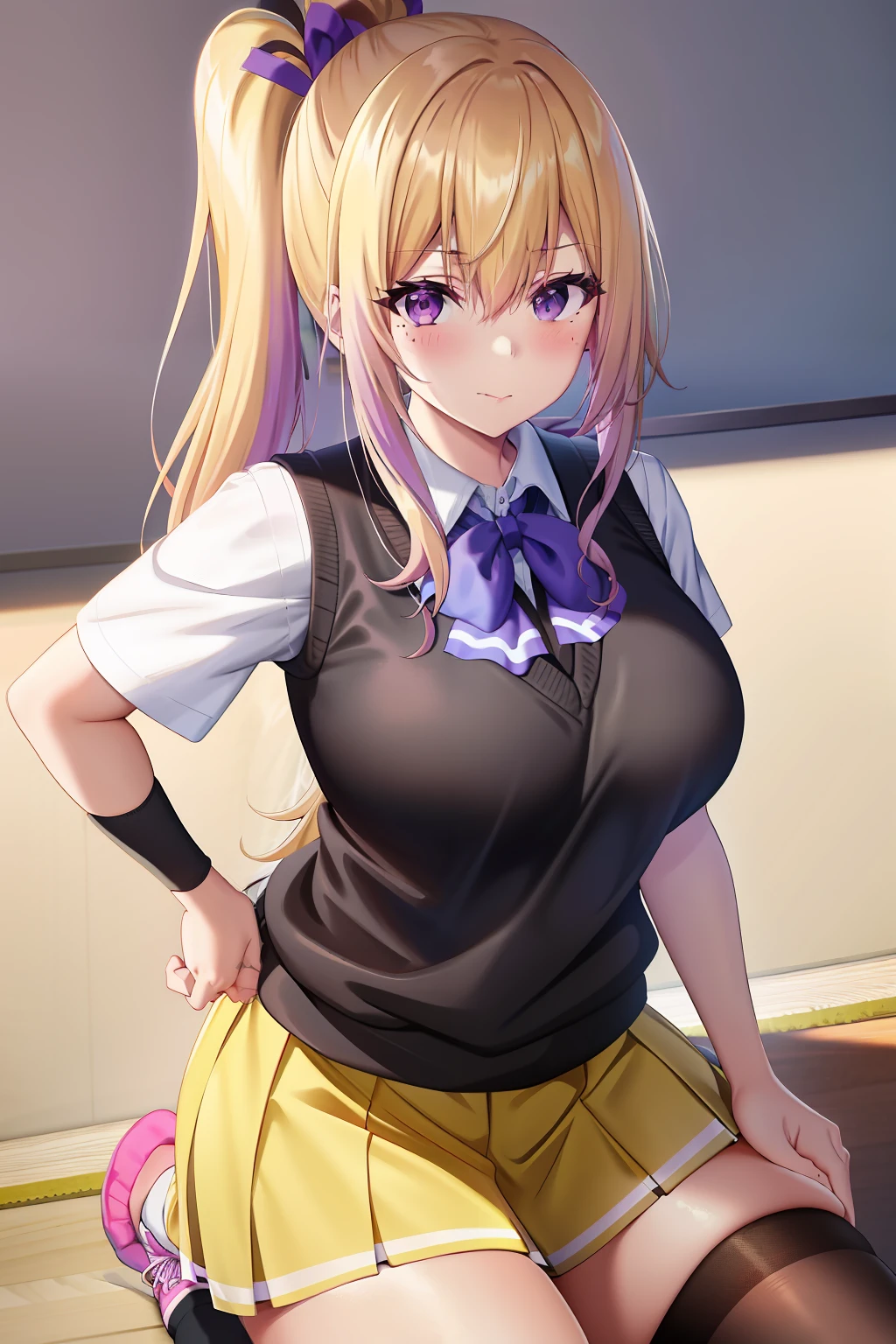 kawakami_Mai, Blonde hair, Side ponytail, Purple eyes, Long hair, bangs, Gradient hair, dark mole,
Large breasts, school uniform, Black shirt, Yellow sweater vest, White pleated skirt, Sneakers, Black socks,   (Masterpiece:1.0), (Best quality:1.0), (8K wallpaper:1.0), Extremely delicate and beautiful, (Beautiful detailed face:1.0), (Detailed deep eyes),  Symmetrical breasts, Deep eyes