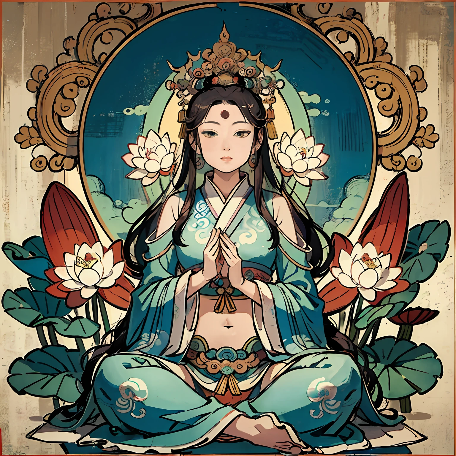 Woman sitting on a lotus,guanyin of the southern seas,Guanyin,contented female bodhisattva,jade sculpture,bodhisattva,queen of the sea mu yanling,serene,Serene expression,shui mo hua,Buddha,Buddhist,Lotus,Chinese painting style,Thangka style