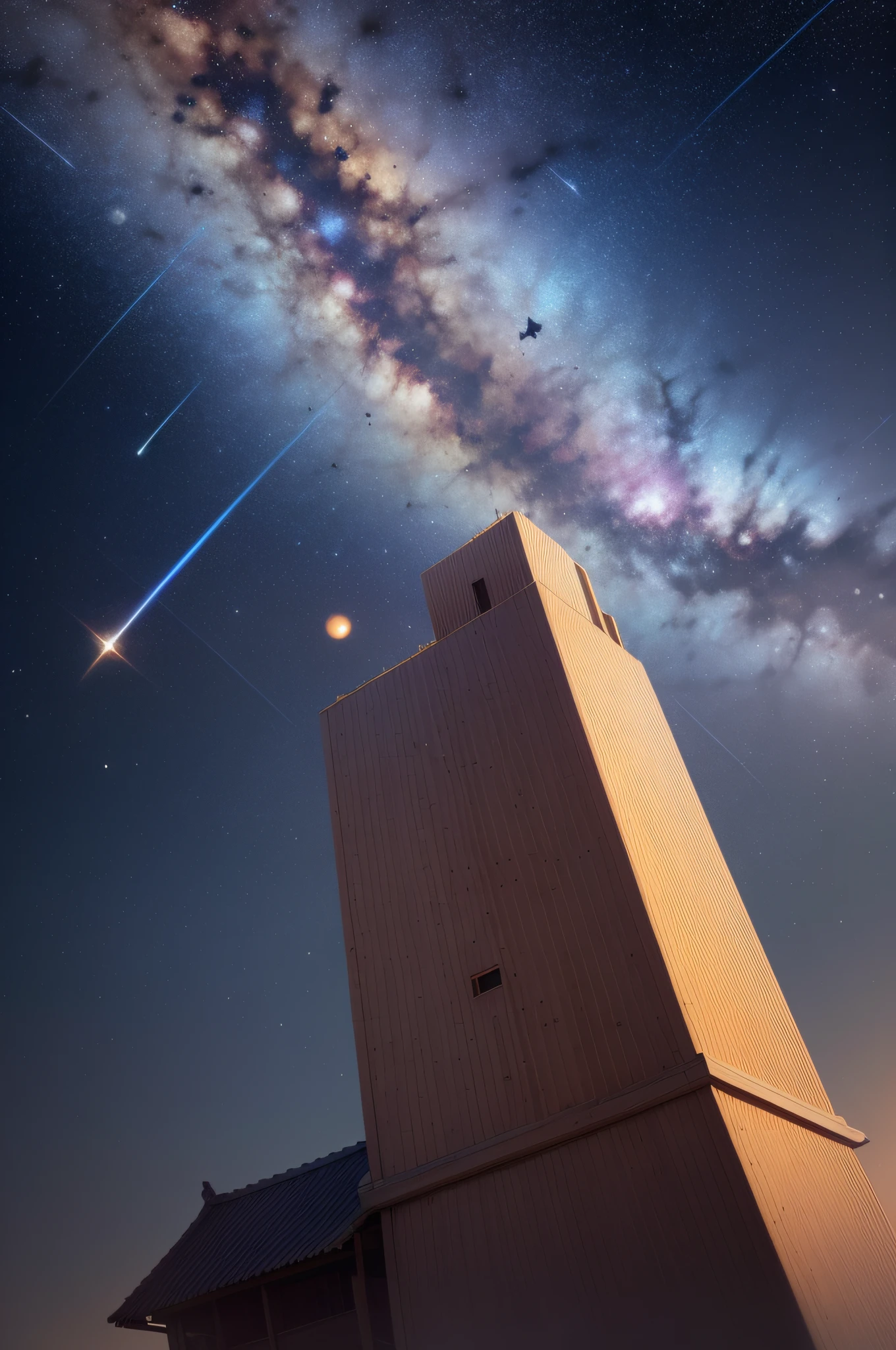 No people, The building is small, planet earth, Big shooting star, Big blue shooting star, Golden Shooting Star, Yellow shooting star, Milky way,