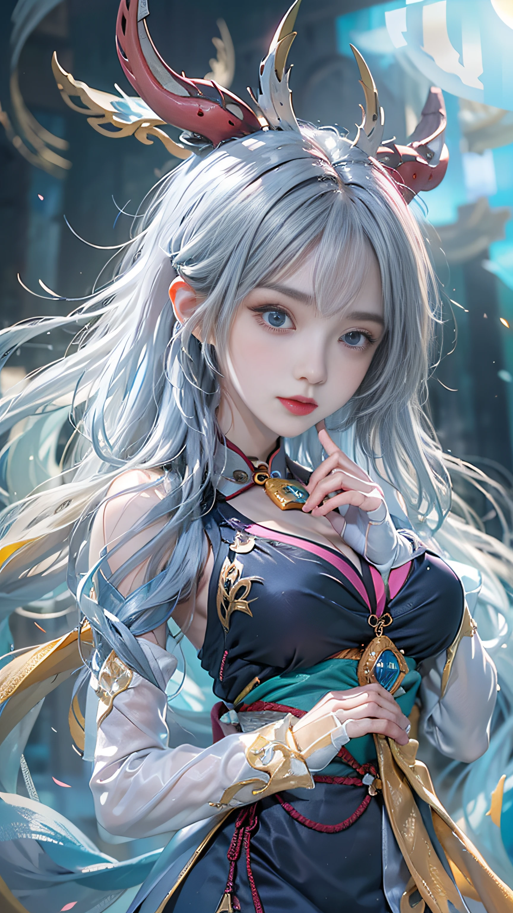 Super beautiful big glowing eyes、Photorealsitic, High resolution, 1 woman, blue long hair, Beautiful eyes, normal breast, Ganyu clothes,gloves, Horns, Neck bell, pantyhose, Purple eyes, side locks, tassels, White sleeves,(ganyu \(GenshinImpact\))