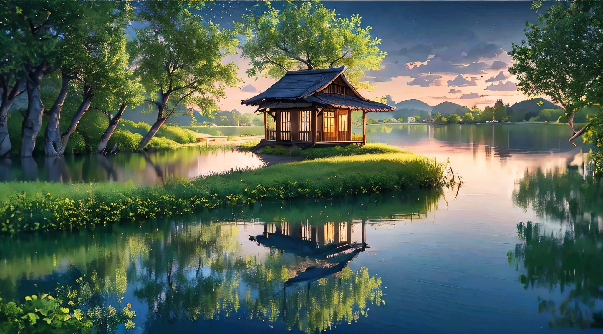 there is a small house on a small island in the middle of a lake, beautifully lit landscape, peaceful landscape, serene landscape, beautiful serene landscape, amazing landscape, in a serene landscape, an amazing landscape image, dreamy landscape, beautiful lake, beautiful landscape, stunning landscape, setting in nature, beautiful lake background, perfect landscape, stunning light reflections, beautiful dreamy landscape