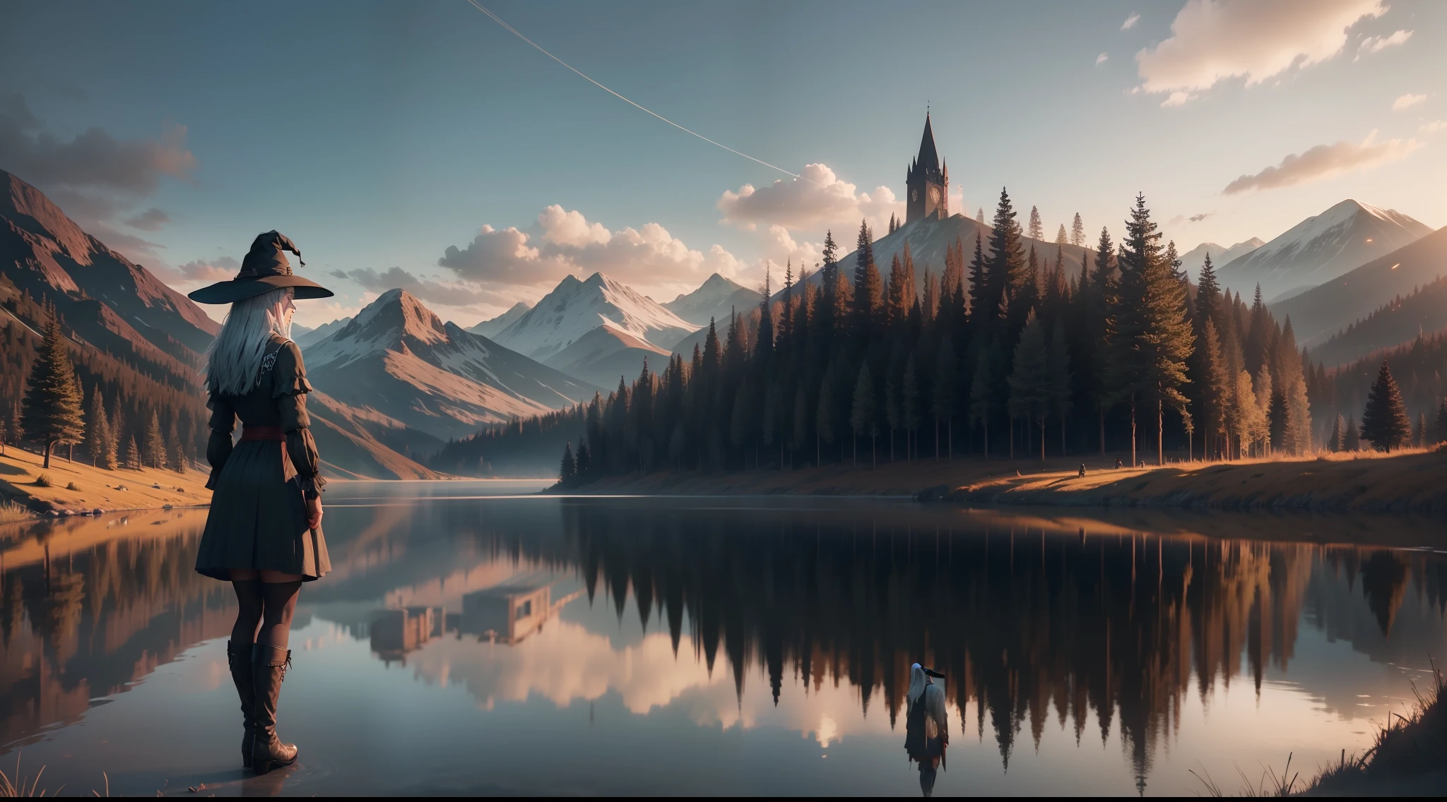 witch in witch hat in front of a lake, a screenshot inspired by Sándor Bihari, Vencedor do concurso Polycount, acontecimento, bruxo 3, The Witcher 3, Witcher)), Witcher, de Witcher (2021), Geralt de Rivia, standing in the plains of rohan, O Bruxo, beautiful and cinematic lighting