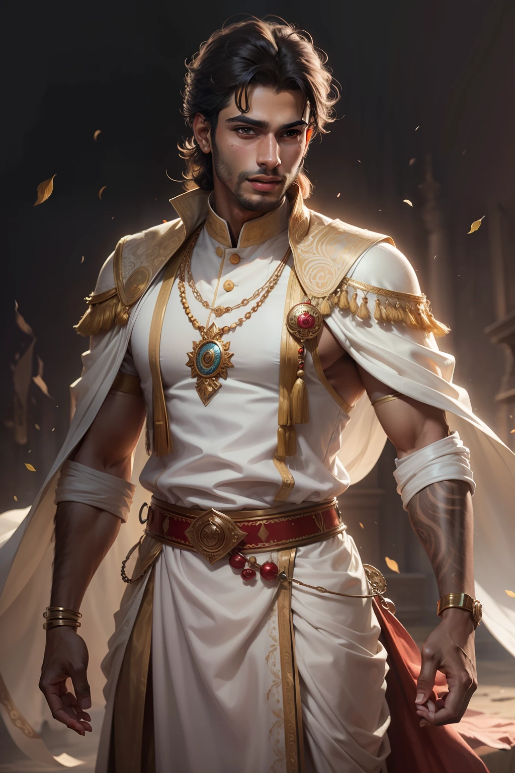 Indian male，royal family，Indian prince，White Indian clothing，18yr old，lean and thin，religion，hindu，Handsome, big laughter，lovely digital painting, very detailed digital painting, stunning digital illustration, Cute detailed digital art, Detailed digital painting, Detailed painting 4 K, Realistic digital art 4K, Realistic digital art 4 K, highly detailed digital painting, Beautiful digital artwork, Beautiful digital illustration
