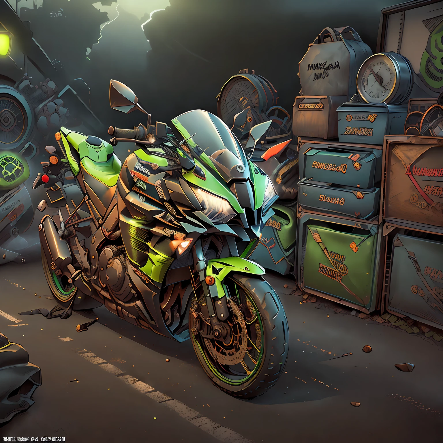 (Kawasaki Ninja 1000,(total view) ,Mad Max CogPunkAI ,Cores 64 k, (neon lime green),4D ,rota 66