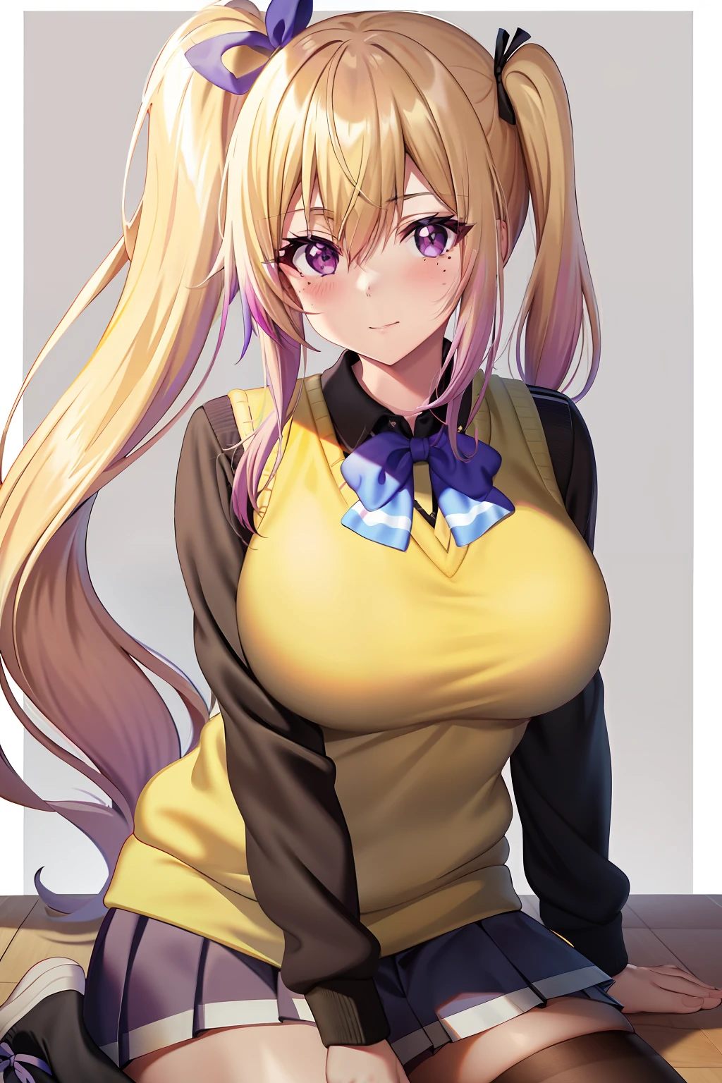 kawakami_Mai, Blonde hair, Side ponytail, Purple eyes, Long hair, bangs, Gradient hair, dark mole,
Large breasts, school uniform, Black shirt, Yellow sweater vest, White pleated skirt, Sneakers, Black socks,   (Masterpiece:1.0), (Best quality:1.0), (8K wallpaper:1.0), Extremely delicate and beautiful, (Beautiful detailed face:1.0), (Detailed deep eyes),  Symmetrical breasts, Deep eyes