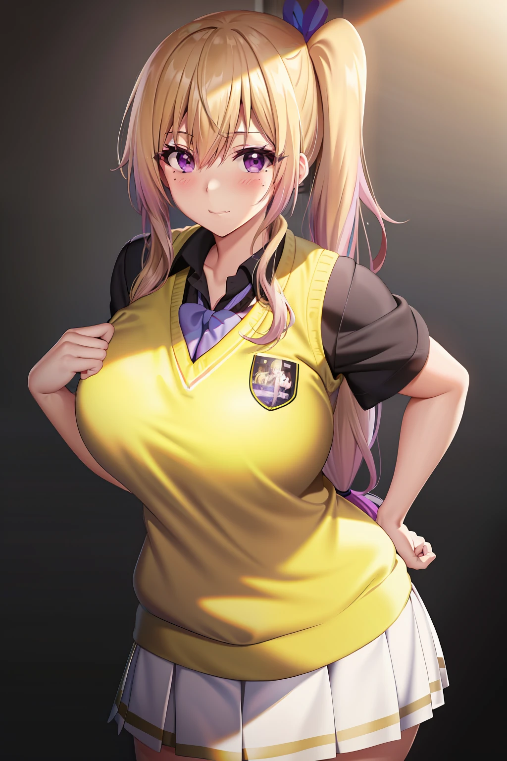 kawakami_Mai, Blonde hair, Side ponytail, Purple eyes, Long hair, bangs, Gradient hair, dark mole,
Large breasts, school uniform, Black shirt, Yellow sweater vest, White pleated skirt, Sneakers, Black socks,   (Masterpiece:1.0), (Best quality:1.0), (8K wallpaper:1.0), Extremely delicate and beautiful, (Beautiful detailed face:1.0), (Detailed deep eyes),  Symmetrical breasts, Deep eyes