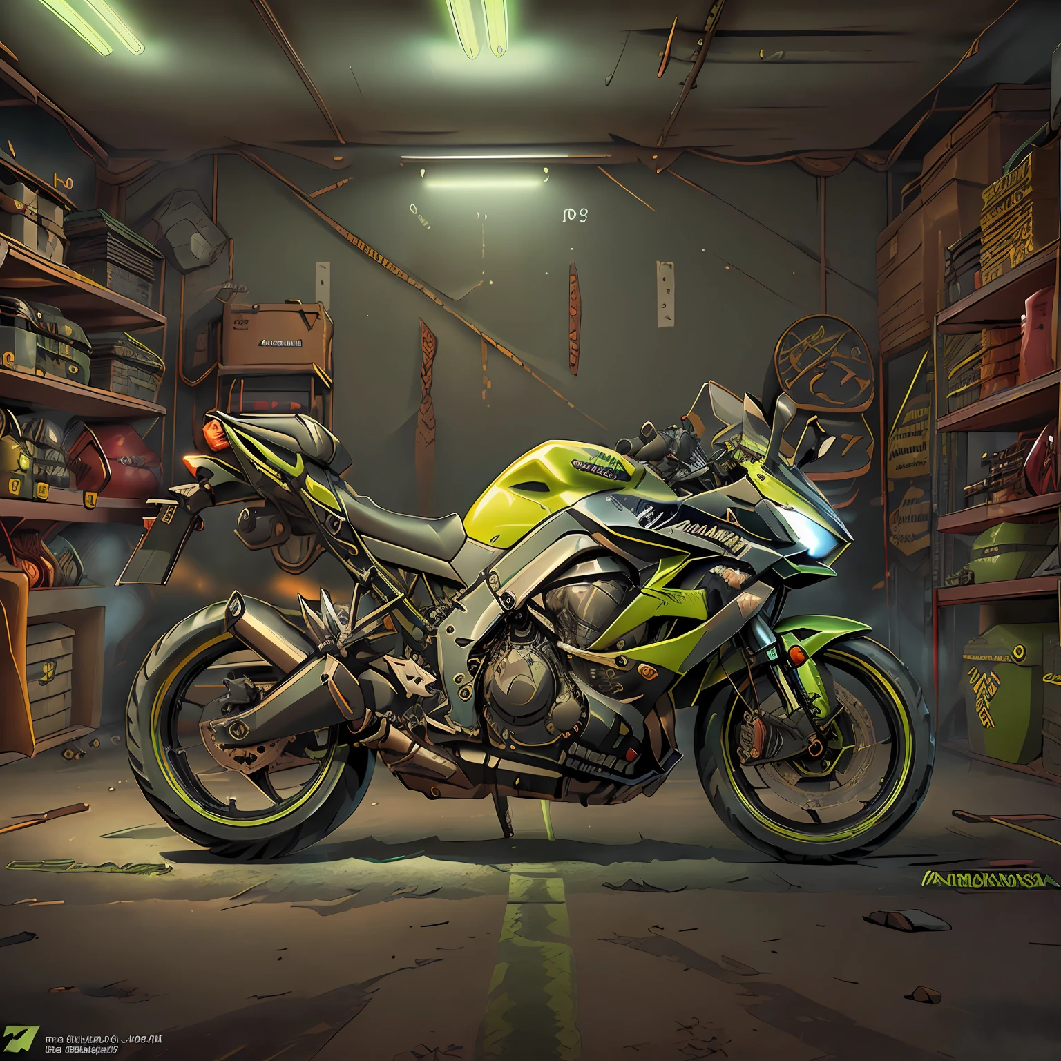 (Kawasaki Ninja 1000,(total view) ,Mad Max CogPunkAI ,Cores 64 k, (neon lime green),4D ,rota 66