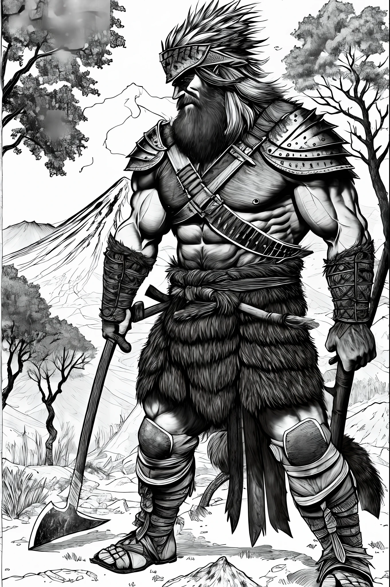 Line drawings,monochrome,barbarian warrior,Giant axe in hand,ln the forest,volcanoes