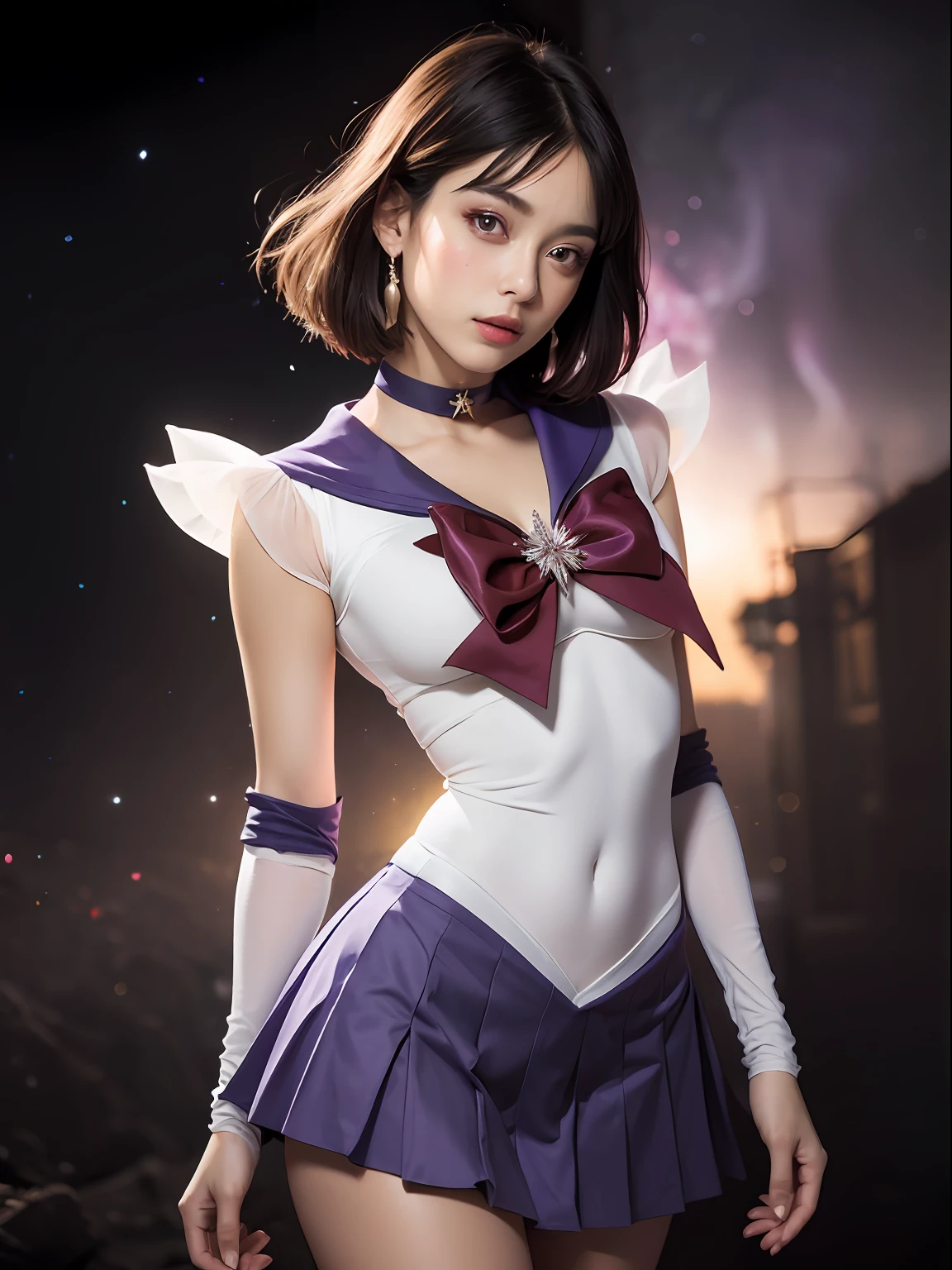 (masterpiece, best quality:1.4), (nebula background), (full body shot), (erotic pose:1.5), 1girl, solo, (european youth:1), sailor saturn, tiara, sailor senshi uniform, purple sailor collar, pleated skirt, elbow gloves, jewelry, brooch, choker, short black hair, (purple eyes:1.5), beautiful face, highly detailed face, highly detailed eyes, highly detailed skin, skin pores, subsurface scattering, realistic pupils, full face blush, full lips, detailed background, depth of field, volumetric lighting, sharp focus, absurdres, realistic proportions, good anatomy, (realistic, hyperrealistic:1.4), 16k hdr,
