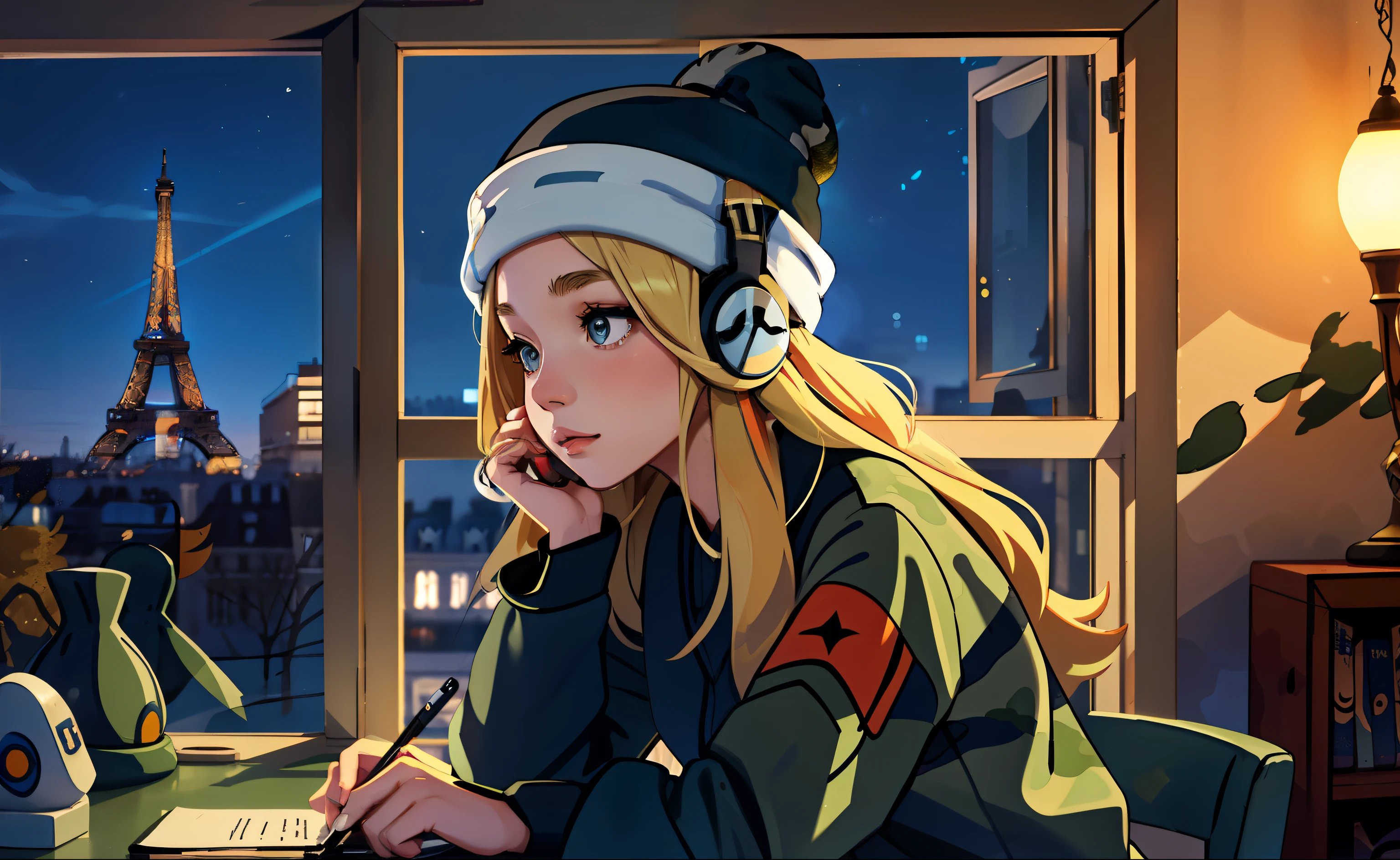 lofistudy, 1girl, writing, sideways, serene/(pokemon\), blonde hair, long hair, headphones, beanie, camouflage uniform, window, paris background, night