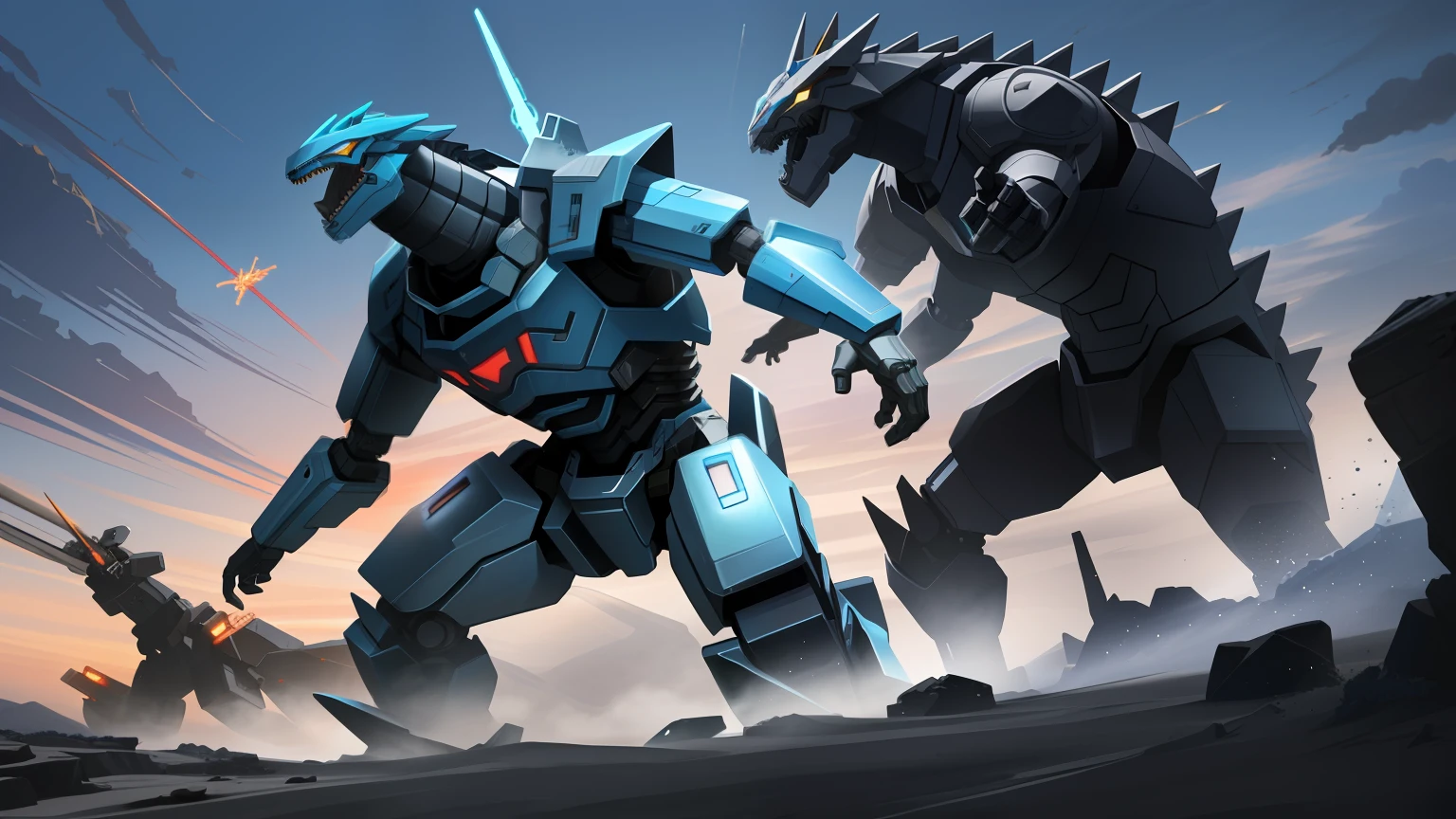 There are two robots fighting for a huge monster in the desert, kaiju battle, Godzilla vs. Mecha Godzilla, zoids art, Giant robots, sharp robot dragon paws, blastoise, Badass anime 8 K, from pacific rim, Concept art wallpaper 4K, android jones and rhads, sharp high quality artwork, high detailed official artwork
