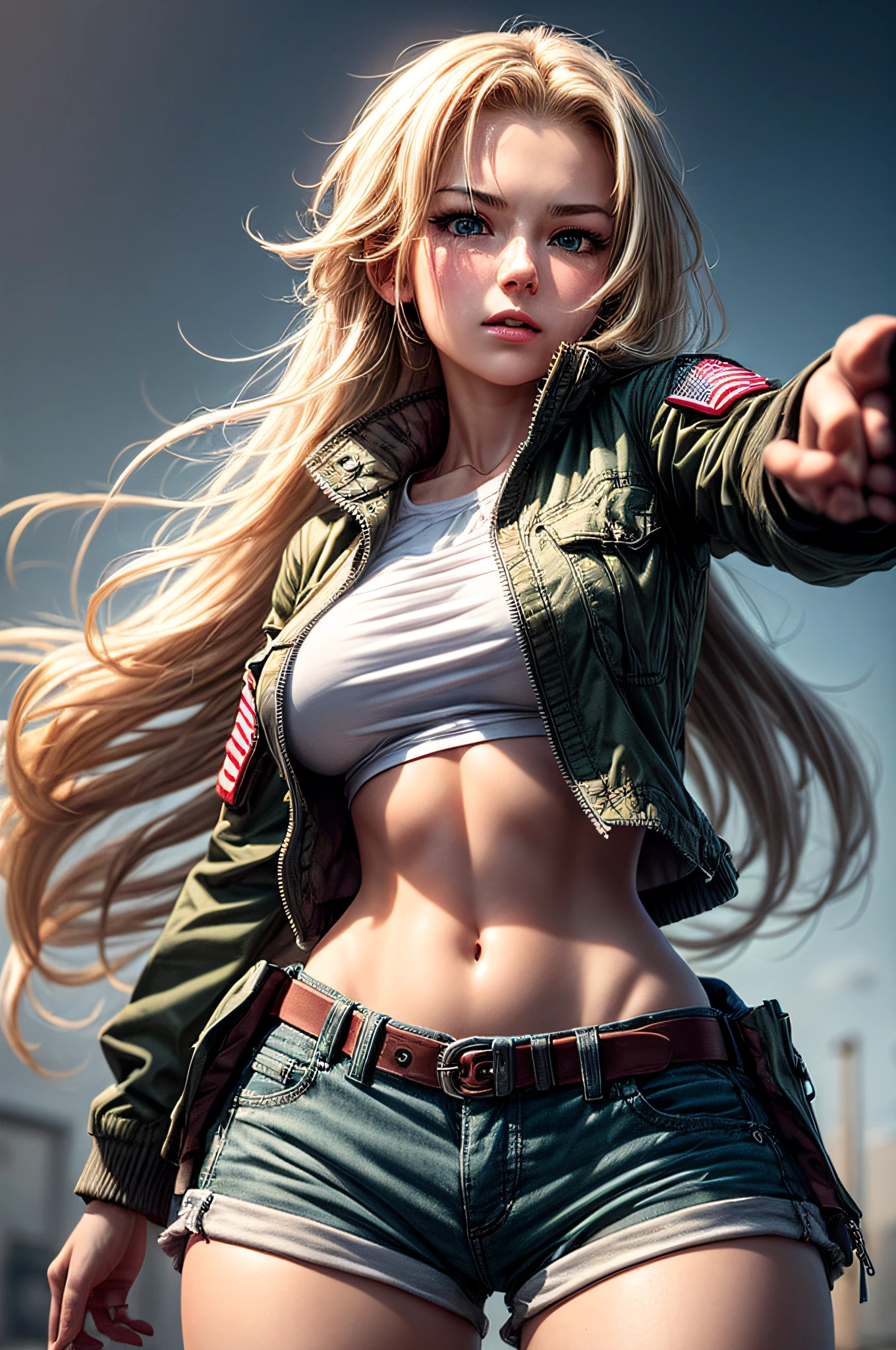 1girl, (blonde, long hair), (big breasts, slim waist), (blue eyes), wearing ((torn micro shorts), (tight shirt), (open military jacket)), an action character with combat moves