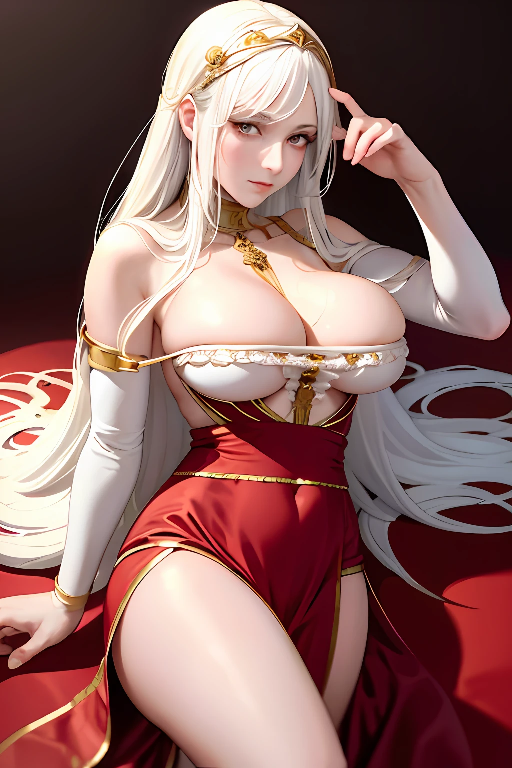 ((masterpiece)), ((best quality)), ((ultra-detailed)), illustration, ancient Greece, a woman with white hair and golden pupils dressed as a priestess, wearing a red western classical dress, without any exposure, Wearing a cloak, lying on his side, pious, indifferent, mysterious, with white steeple gothic cathedral in the background, fantasy