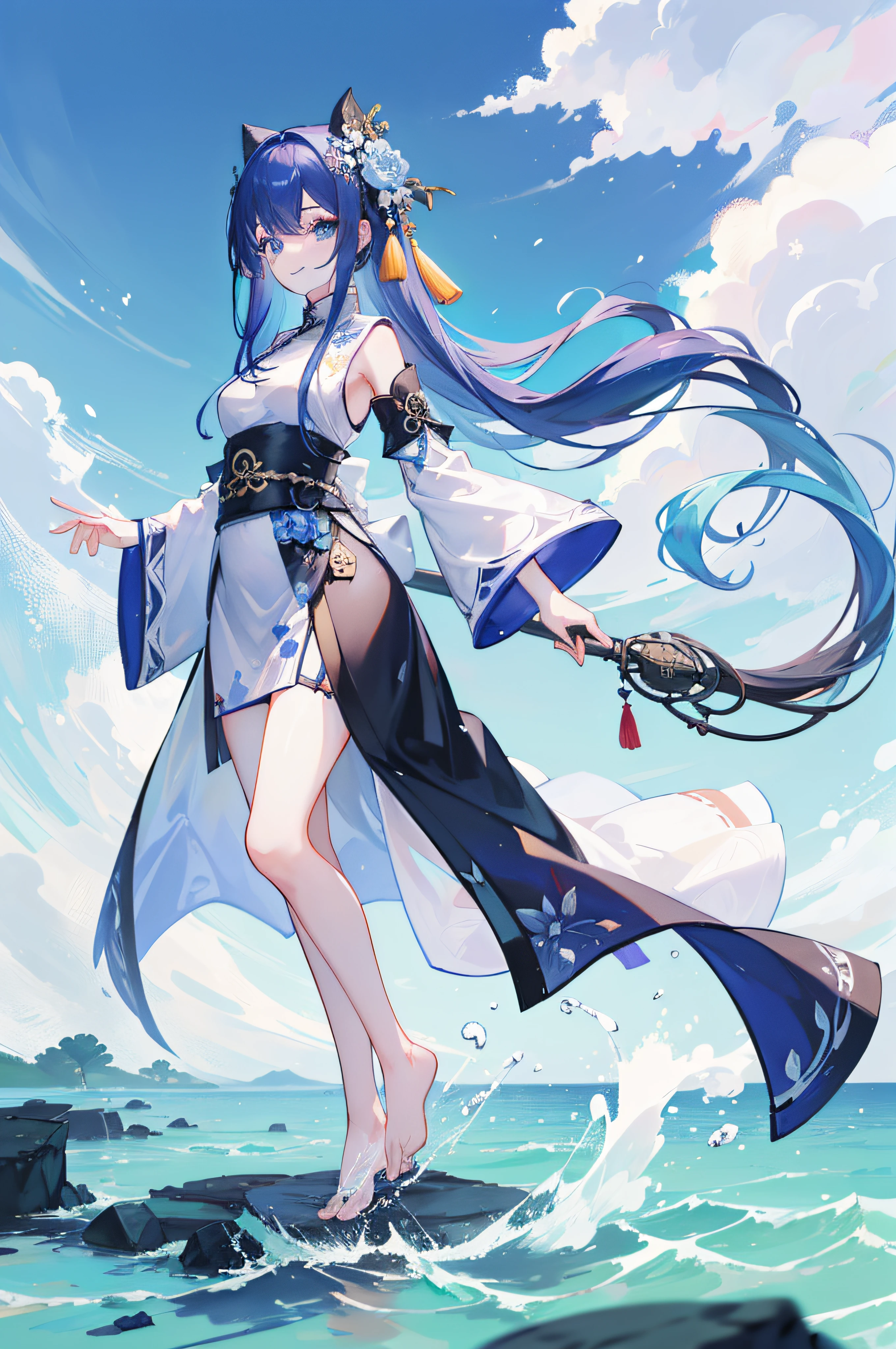 ((4k,masterpiece,best quality)), shuimobysim, traditional chinese ink painting, lotus, hanfu, maxiskit, dress conservatively 1girl, solo, long blue hair, smile, standing, feet in the water, barefoot,