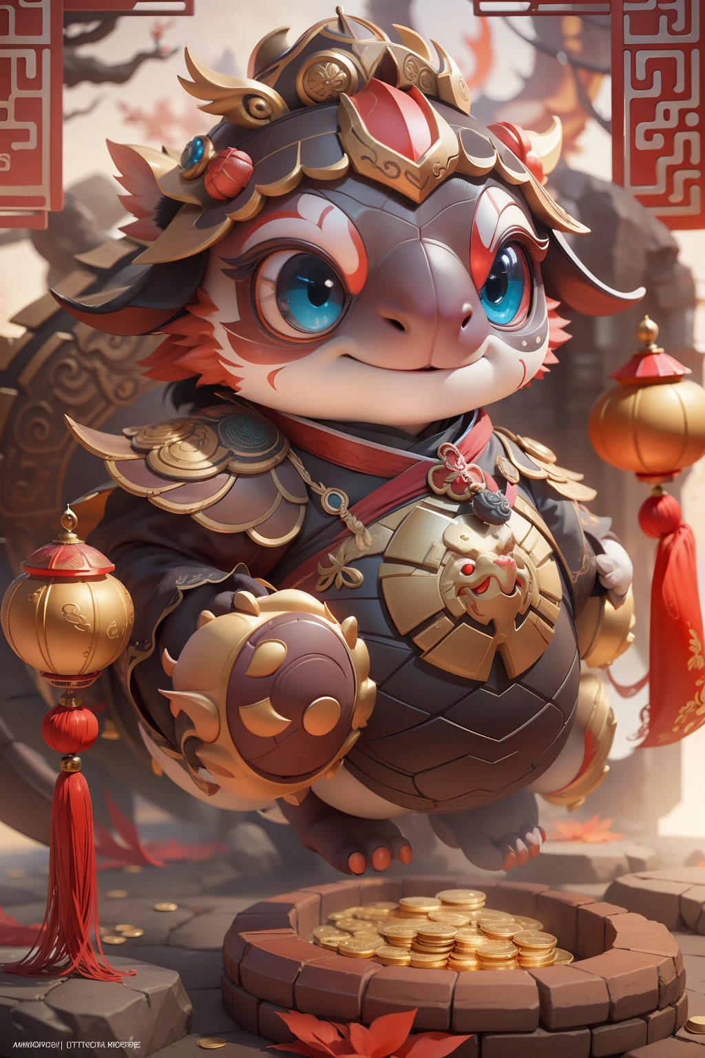 anthropomorphic turtle，Little cute and cute Chinese dragon，Wearing elegant red Hanfu，Take gold ingots，The ground is covered with gold coins，silkouette，fluffy mane，largeeyes，Red Wall，Chinese culture，zbrush，Dramatic lighting，full-body portraits，hentail realism，finedetail，photographrealistic，Film illumination，complexdetails，rendering by octane，unreal-engine，8K --ar 9：16 --testp --upbeta