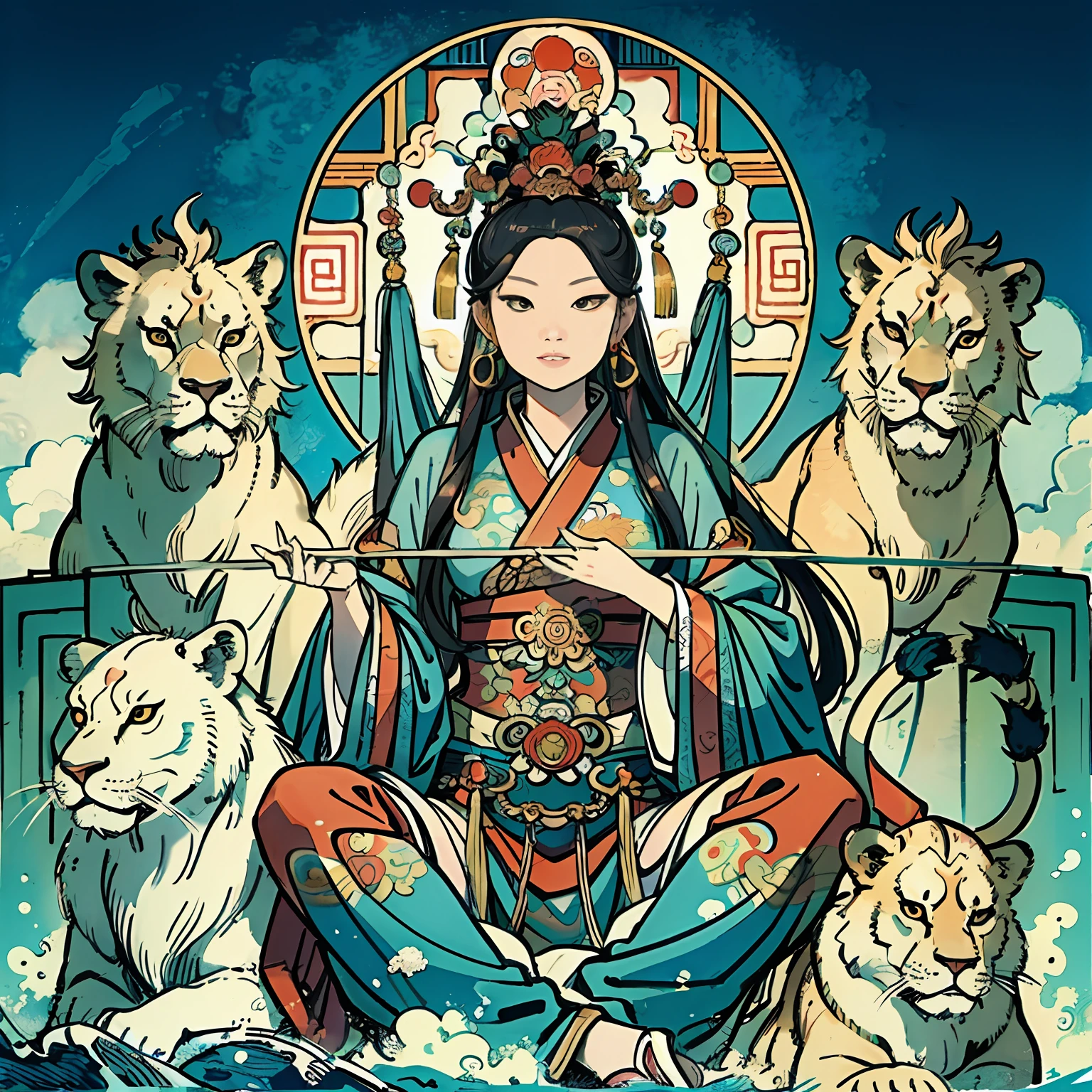 an ancient Chinese goddess, guanyin of the southern seas, Guanyin, Inspired by India, Avalokiteshvara rides a lion,