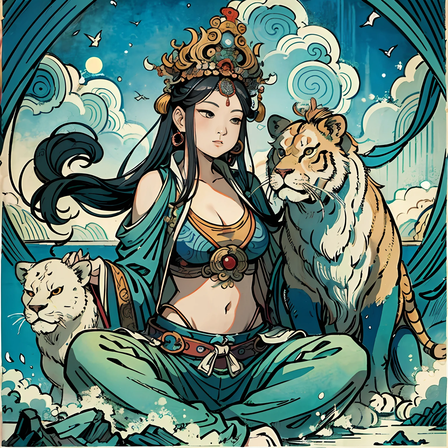 an ancient Chinese goddess, guanyin of the southern seas, Guanyin, Inspired by India, Avalokiteshvara rides a lion,
