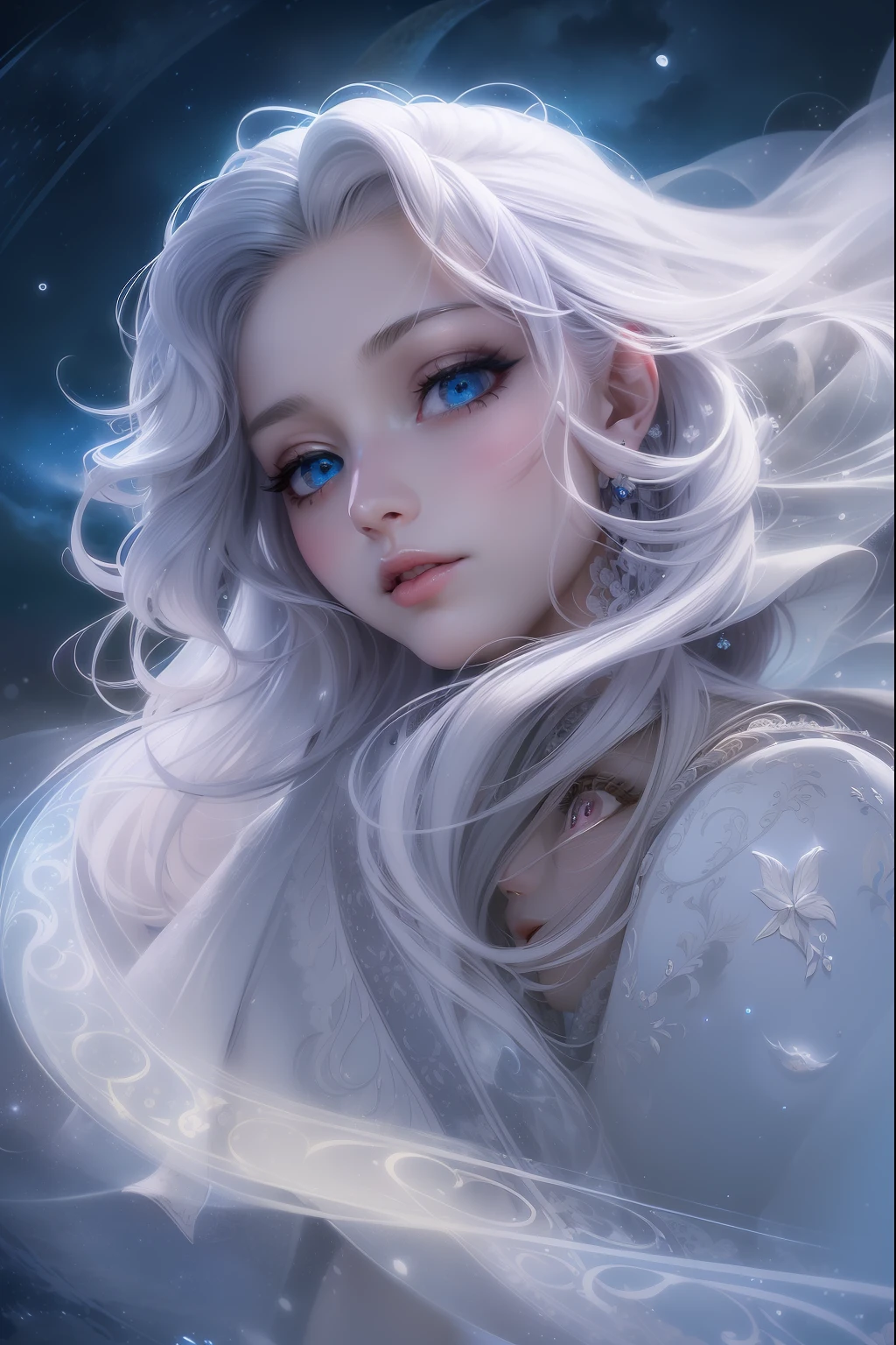 masterpiece, (best quality:1.2), (ultra-detailed:1.2), illustration, (an extremely delicate and beautiful:1.2),cinematic angle,floating, (beautiful detailed eyes:1.1), (detailed light:1.1),cinematic lighting, beautifully detailed sky, women, white hair, blue eyes, (high ponytail:1.1), cloak, glowing eyes, (moon:1.2), (moonlight:1.1), starry sky, (lighting particle:1.1), fog, snow painting, sketch, bloom
