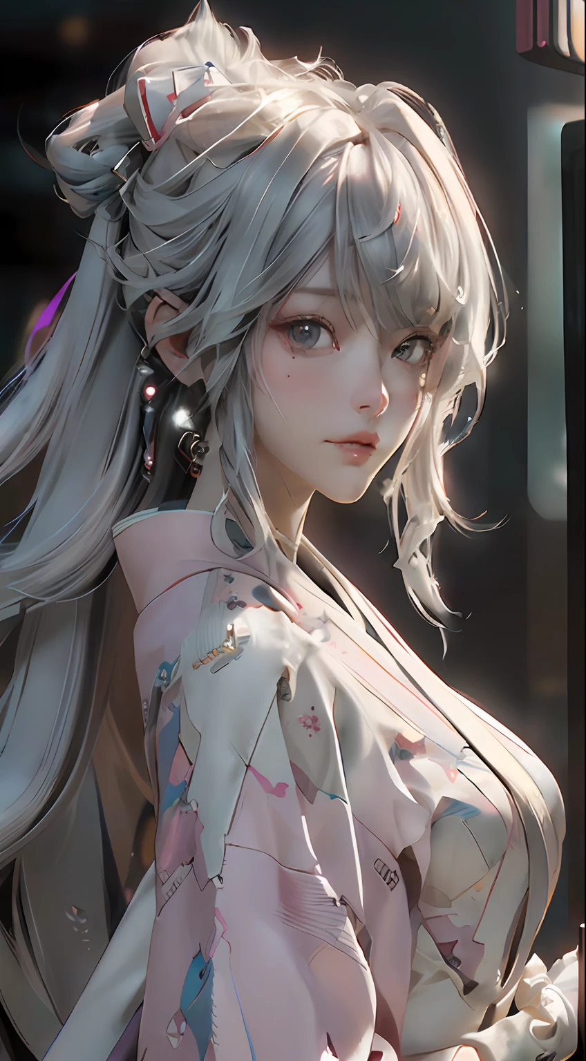 walking around Japan summer festival, pink kimono, (Best Quality), ((Masterpiece), (Detail: 1.4), 3D, A Beautiful Cyberpunk Woman, HDR (High Dynamic Range), Ray Tracing, NVIDIA RTX, Super-Resolution, Unreal 5, Subsurface Scattering, PBR Textures, Post-Processing, Anisotropic Filtering, Depth of Field, Maximum Sharpness and Clarity, Multi-layer Textures, Albedo and Highlight Maps, Surface Shading, Exact simulation of light-material interactions, perfect proportions, Octane Render, bicolor light, large aperture, low ISO, white balance, rule of thirds, 8K RAW, close-up of a woman with very long hair and a very large body, perfect anime robot woman, anime robot with organic mix, best anime 4K konachan wallpaper, detailed digital anime art, beautiful girl cyborg, portrait of cyborg queen, cyborg - silver girl, biomechanics oppai, Digital cyberpunk anime art