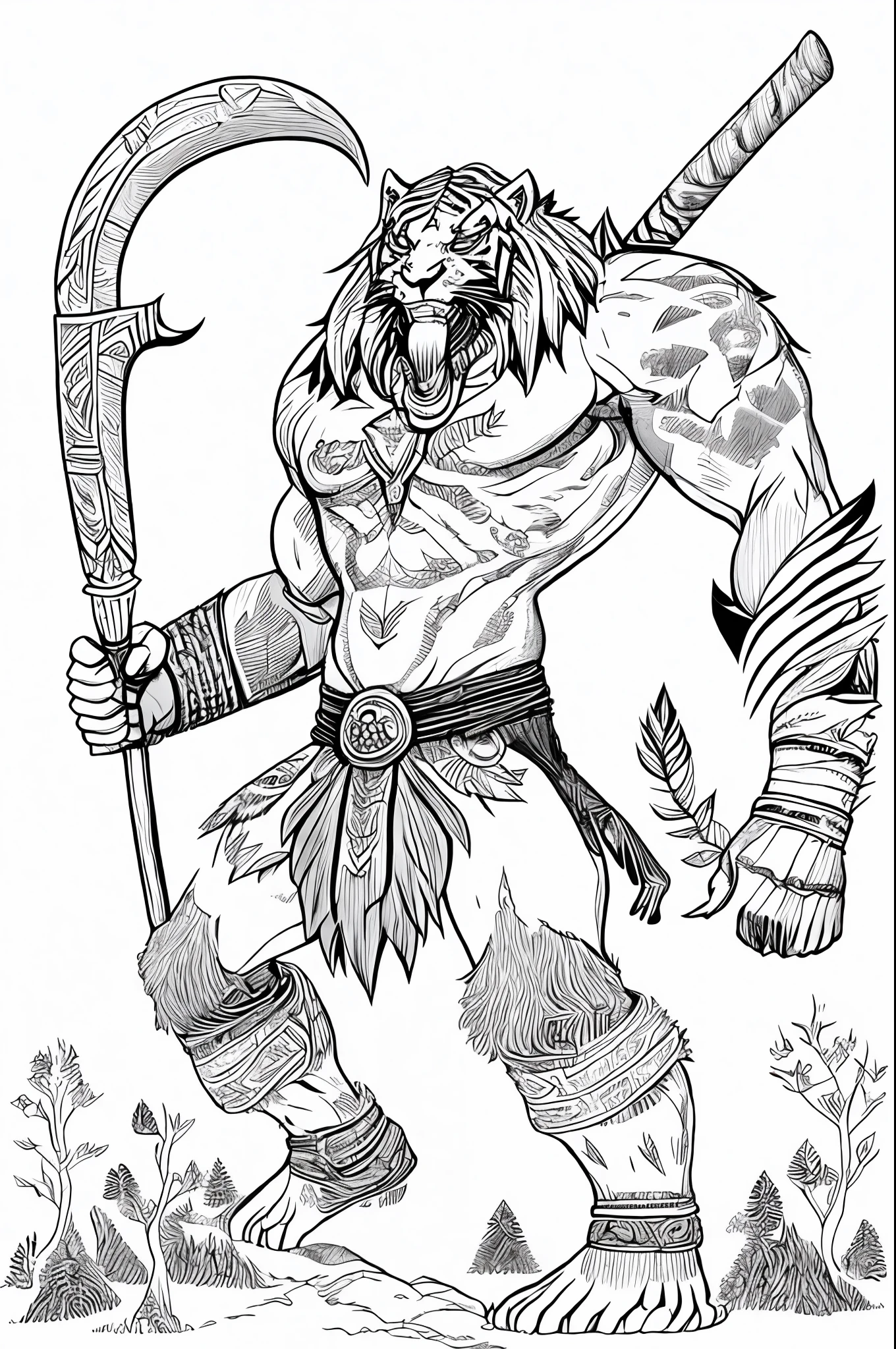 Line drawings,monochrome,barbarian warrior,Giant axe in hand,sabertooth tiger,ln the forest,Toyama