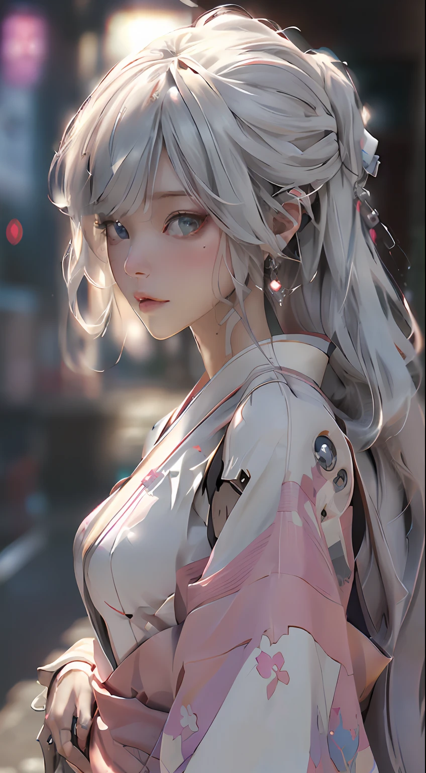 walking around Japan summer festival, pink kimono, (Best Quality), ((Masterpiece), (Detail: 1.4), 3D, A Beautiful Cyberpunk Woman, HDR (High Dynamic Range), Ray Tracing, NVIDIA RTX, Super-Resolution, Unreal 5, Subsurface Scattering, PBR Textures, Post-Processing, Anisotropic Filtering, Depth of Field, Maximum Sharpness and Clarity, Multi-layer Textures, Albedo and Highlight Maps, Surface Shading, Exact simulation of light-material interactions, perfect proportions, Octane Render, bicolor light, large aperture, low ISO, white balance, rule of thirds, 8K RAW, close-up of a woman with very long hair and a very large body, perfect anime robot woman, anime robot with organic mix, best anime 4K konachan wallpaper, detailed digital anime art, beautiful girl cyborg, portrait of cyborg queen, cyborg - silver girl, biomechanics oppai, Digital cyberpunk anime art