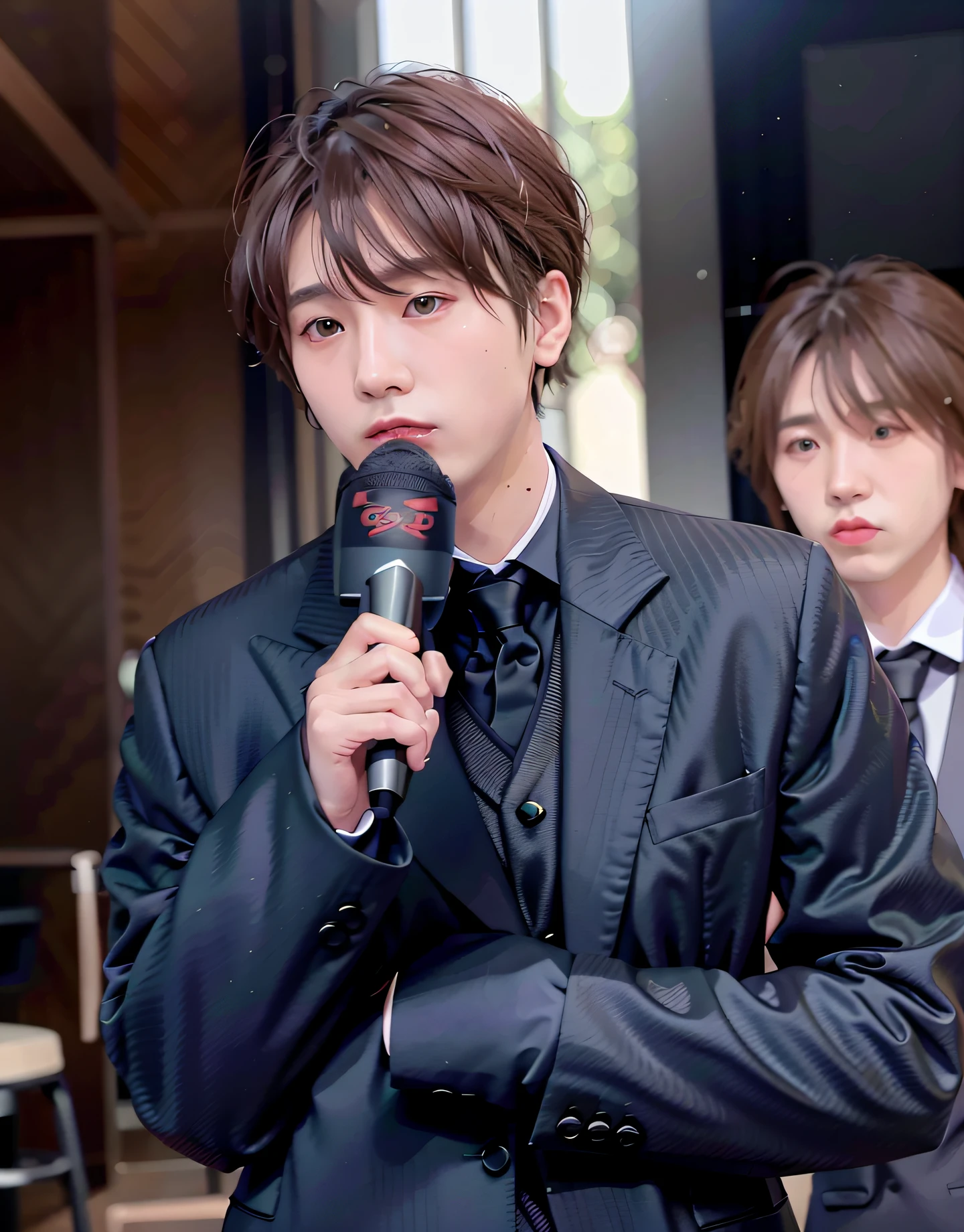 An Arapei man in a black suit holds a microphone and a microphone, Cai Xukun, wearing black suits, xqc, wearing a black noble suit, he is wearing a suit, yanjun cheng, hsiao-ron, jimin, Very handsome, he has a glow coming from him, Extremely handsome, looking to his side