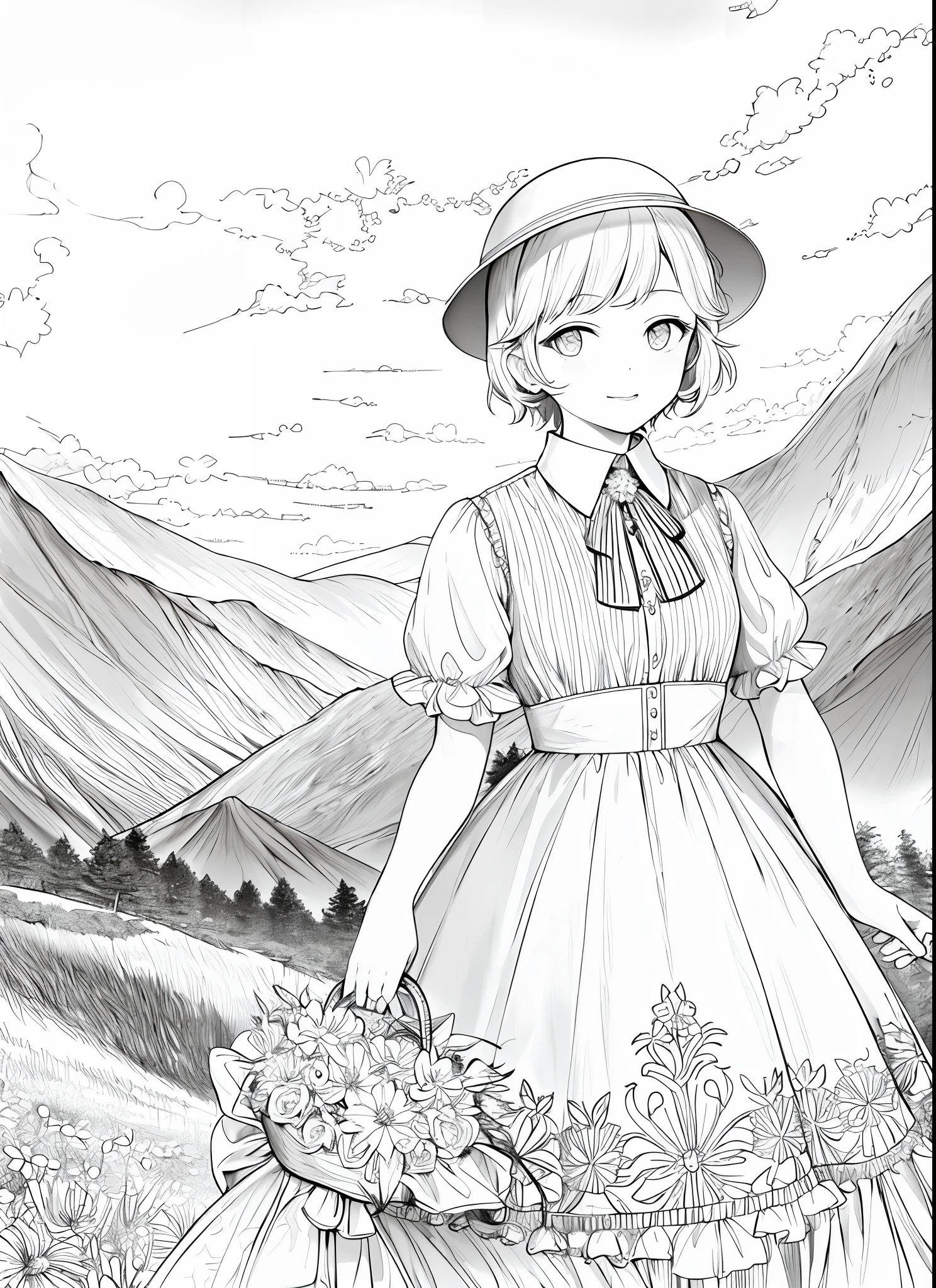 tmasterpiece,best qualityer,monochrome,Princess Snow White,adjustment of clothes,,Bow knot,neck bowtie,The eye,Short hair,clouds,shift dresses,fanciful,florals,with light glowing,Glowing flowers,bucket-hat,light particules,looking at viewert,mont,Mountainous horizon,exteriors,parted lip,Skysky,ventania,Mono Color,laughingly,birdie
