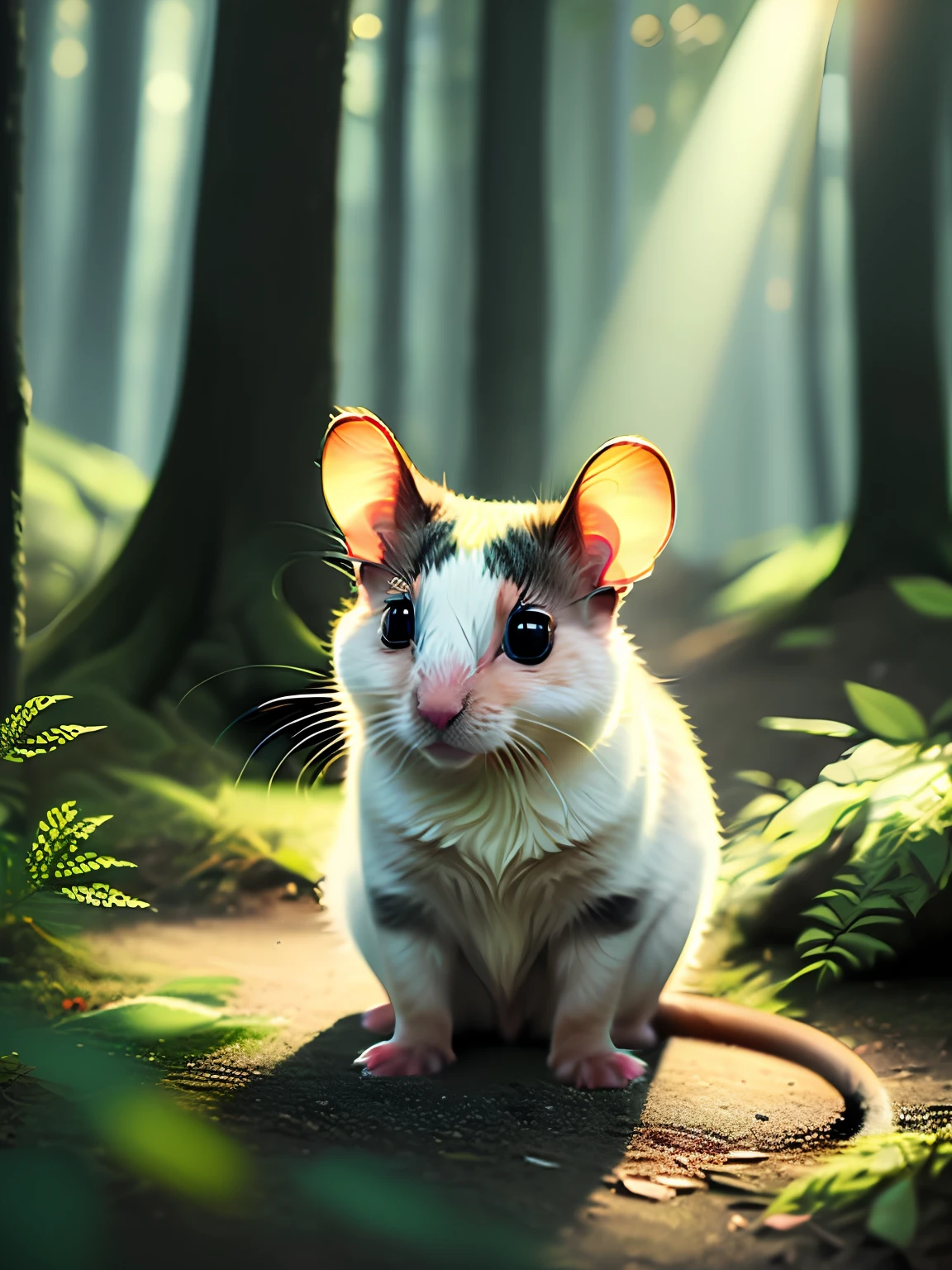 foto em close de um rato, mouse, not cat, adorable cute in the forest, olhar triste, soft volumetric lights (retroiluminação: 1.3), (kinematics: 1.2), detalhes intrincados (ArtStation: 1.3), Rutkowski