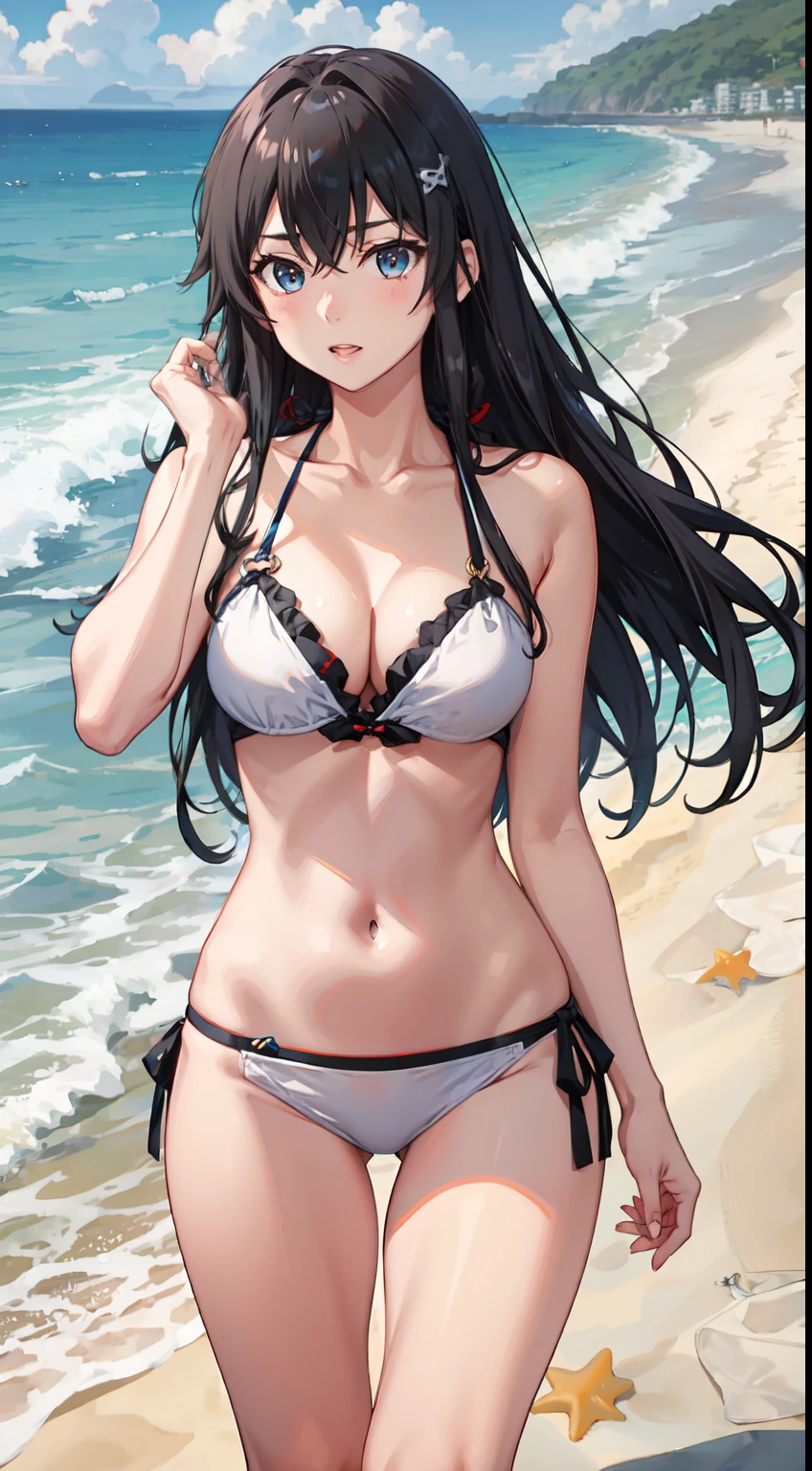 Yukino yukinoshita, long hair, cleavage, navel, slim legs, black hair, blue eyes, white side tie bikini, beach, body, nervous