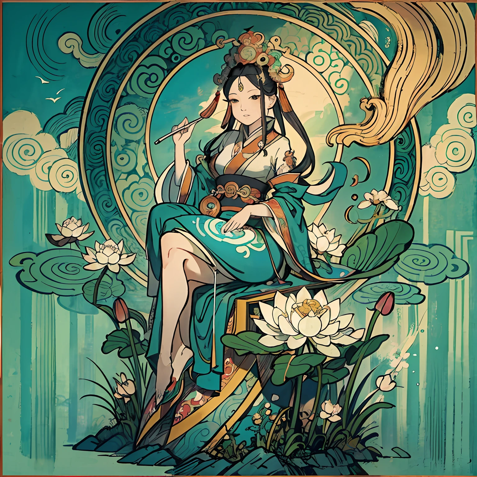 Woman sitting on a lotus,guanyin of the southern seas,Guanyin,contented female bodhisattva,jade sculpture,bodhisattva,queen of the sea mu yanling,serene,Serene expression,shui mo hua,Buddha,Buddhist,Lotus,Chinese painting style,Thangka style