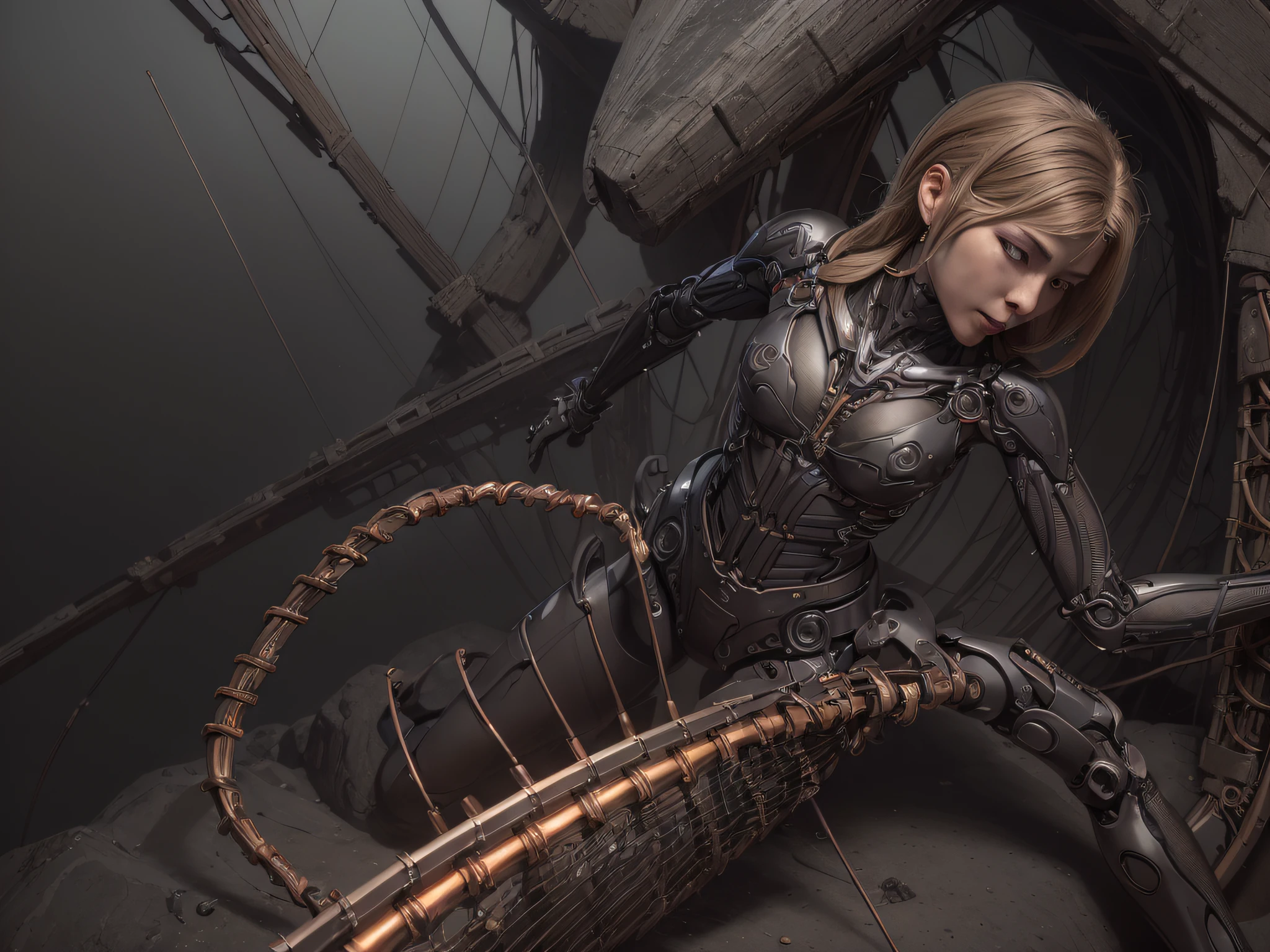 (((masterpiece))), ((best quality)), ((ultra-detailed)), (CG illustration), (an extremely devious and beautiful)), cinematic light, ((1 mechanical girl)), single, full, (machine-made joints: 1.4), ((mechanical limb)), ( blood vessels attached to the tube), ((mechanical spine attached to the back)), ((mechanical cervical vertebrae attached to the neck), ((combat stance)), expressionless, (wires and cables attached to the head and body: 1.5), (character focus), science fiction, apocalypse, glow