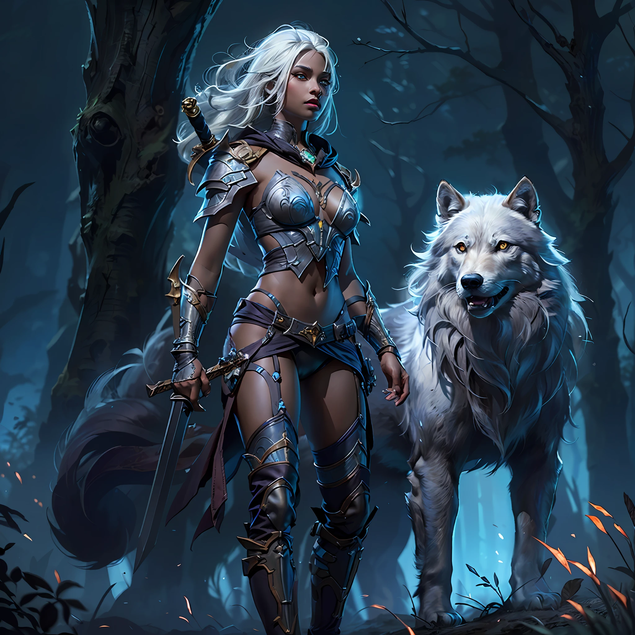 high details, best quality, 8k, [ultra detailed], masterpiece, best quality, (extremely detailed), dynamic angle, ultra wide shot, RAW, photorealistic, fantasy art, dnd art, rpg art, realistic art, a wide angle picture of a female drow ranger and her pet wolf,  warrior of nature, fighter of nature, full body, [[anatomically correct]] full body (1.5 intricate details, Masterpiece, best quality) talking to a wolf (1.6 intricate details, Masterpiece, best quality) armed with a sword  (1.5 intricate details, Masterpiece, best quality) magical sword, glowing in blue light. in dark forest (1.5 intricate details, Masterpiece, best quality), a female  dark elf wearing leather armor (1.4 intricate details, Masterpiece, best quality), leather boots, thick hair, long hair, white hair, black skin intense eyes, forest  background (intense details), moon light, stars light, clouds (1.4 intricate details, Masterpiece, best quality), dynamic angle, (1.4 intricate details, Masterpiece, best quality) 3D rendering, high details, best quality, highres, ultra wide angle
