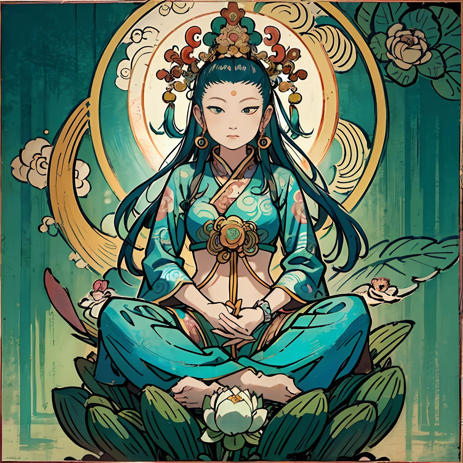 Woman sitting on a lotus,guanyin of the southern seas,Guanyin,contented female bodhisattva,jade sculpture,bodhisattva,queen of the sea mu yanling,serene,Serene expression,shui mo hua,Buddha,Buddhist,Lotus,Chinese painting style,Thangka style