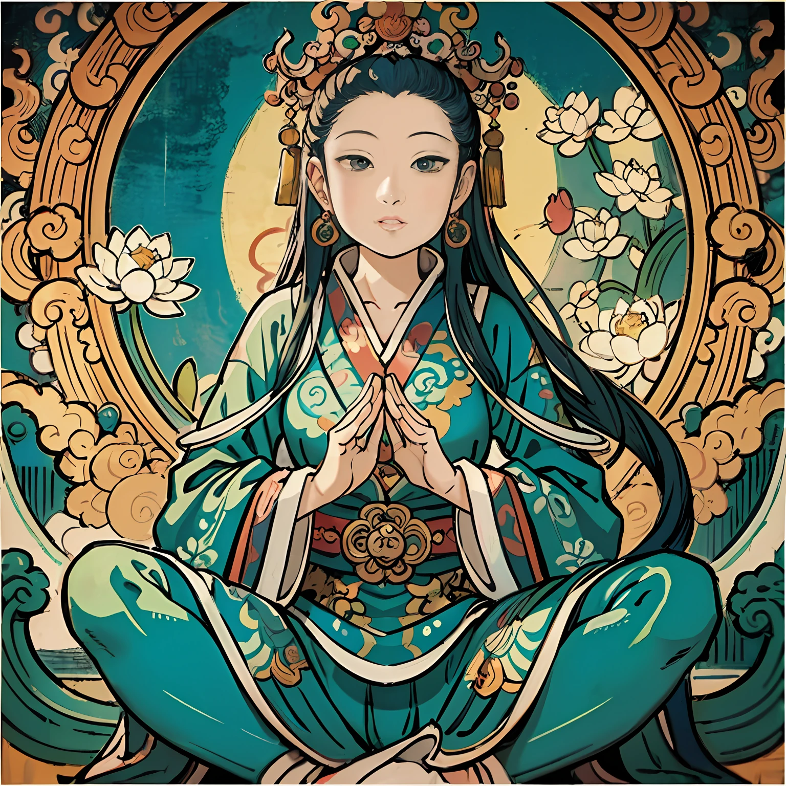 Woman sitting on a lotus,guanyin of the southern seas,Guanyin,contented female bodhisattva,jade sculpture,bodhisattva,queen of the sea mu yanling,serene,Serene expression,shui mo hua,Buddha,Buddhist,Lotus,Chinese painting style,Thangka style