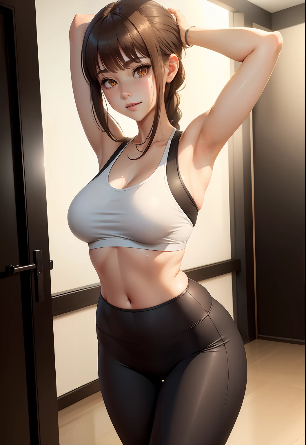 insanely beautiful girl, short messy brunette hair, ponytail, heterochromia brown and grey, minimal Yoga clothes, hourglass body, little smile, open-minded, yoga studio, Full body Beautiful anime style girl, sweat leggs, secypose, clean detailed faces, intracated clothing, analogous colors, glowing shadows, beautiful gradient, depth of field, clean image, high quality, high detail, high definition, Luminous Studio graphics engine, cute face, big braest, slim waist, nice hips,