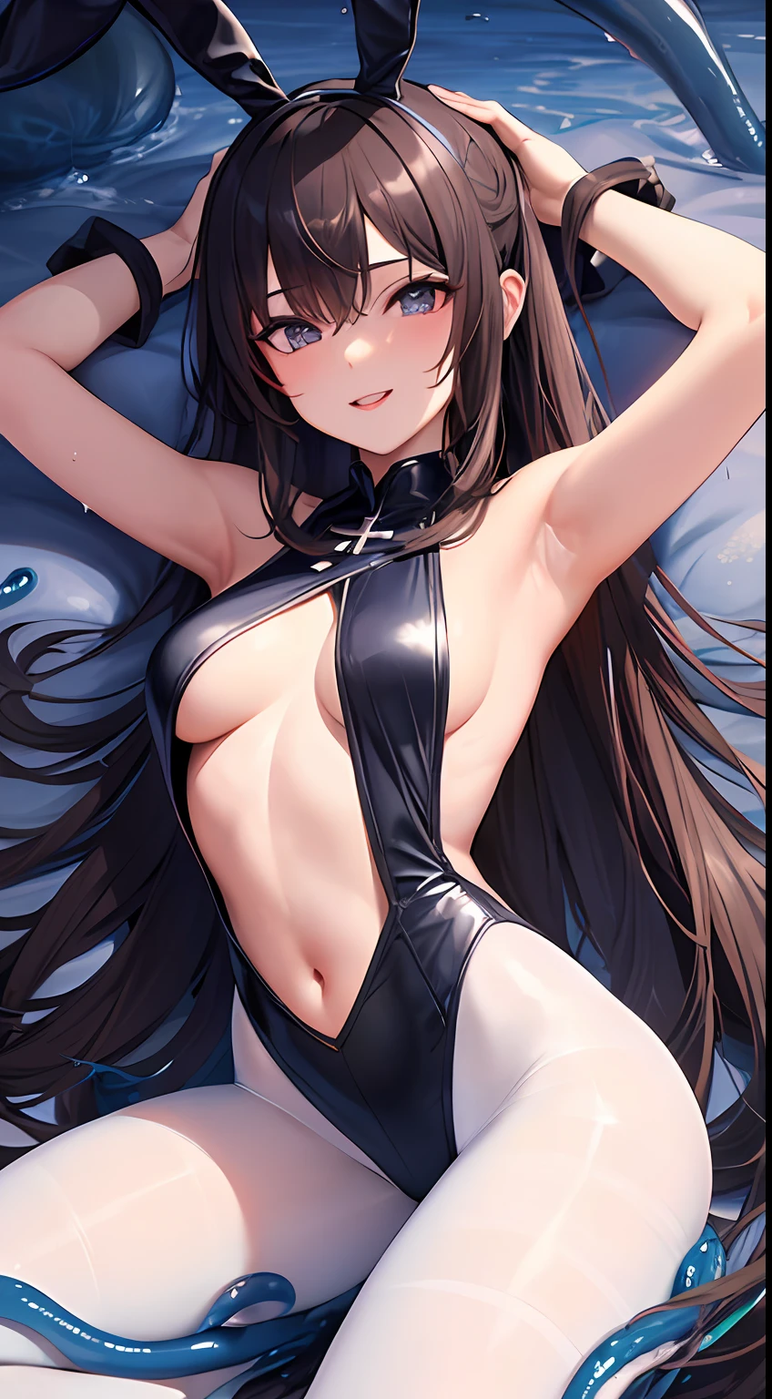 ((top quality, 8k, masterpiece: 1.3)), beauty, beautiful: 1.3, slender abs: 1.1, black long hair, (touching by lots of tentacles with slime, white wet suites, climax face, tentacle cross through girls' crotch, kneel position: 1.2), ultra detailed face, highly detailed lips, detailed eyes, double eyelids, sheer pantyhose, bunny girl, open lips, wink, smile