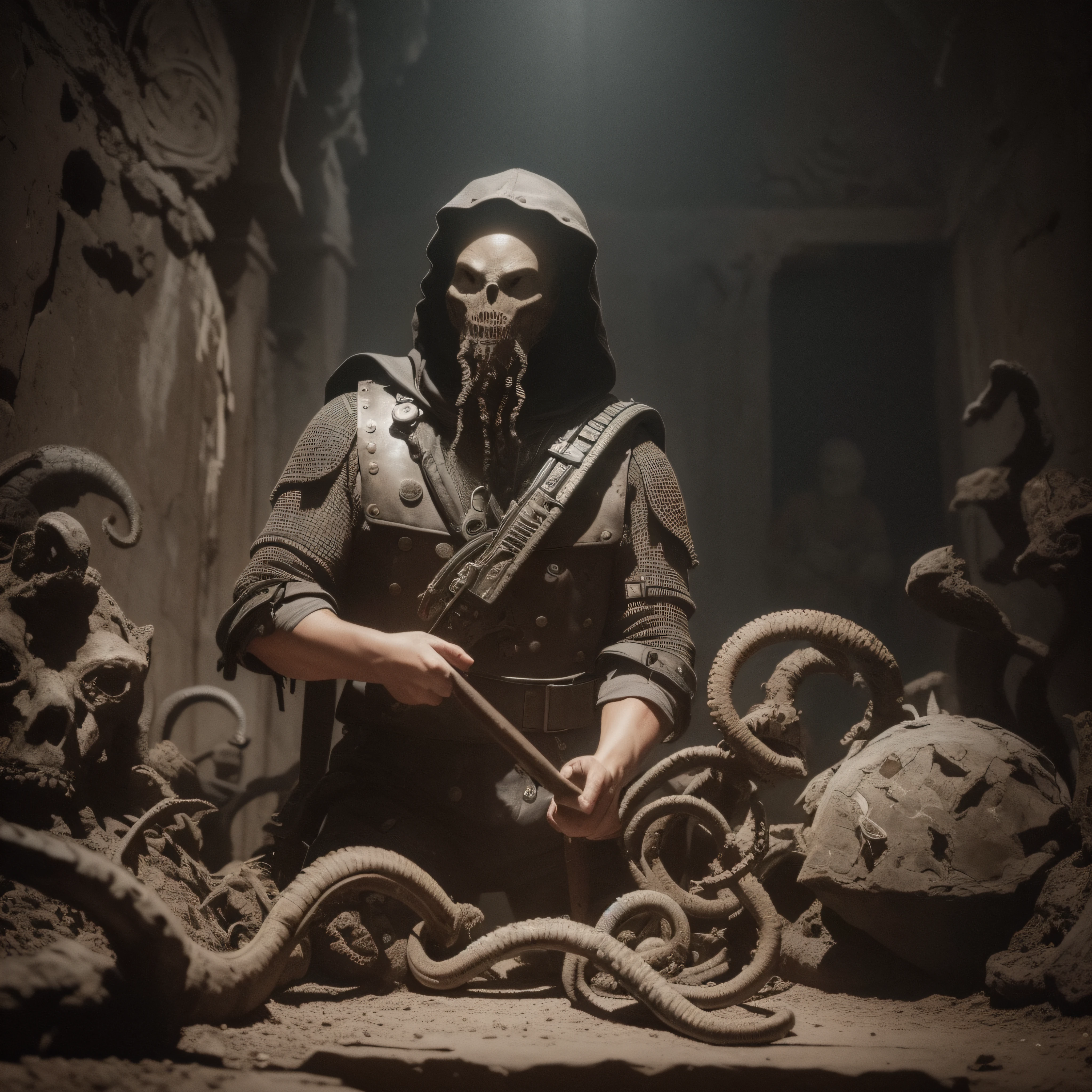 (extremadamente detallado, obra maestra, La mejor calidad), Estilo oscuro, intense illumination, rostro con arrugas, soldier, medieval armor, rusted, axe, tentacle, monstruoso, interior de una piscina de agua verdosa, imagen submarina, alien con Colmillos finos. manchas de tinta. Rococo composition. Luz de caravaggio