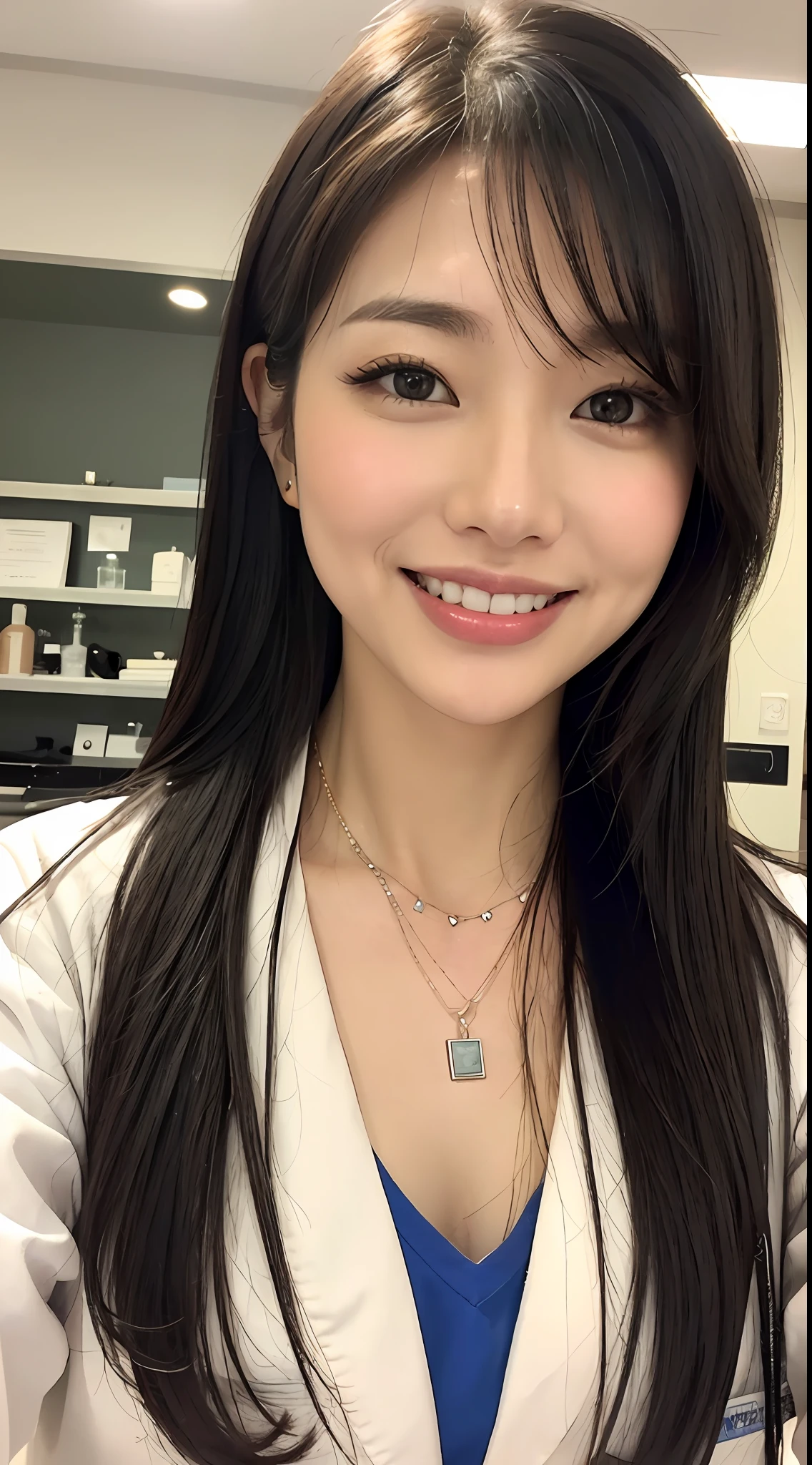 (realisitic、Photorealsitic:1.37)、(8K、Raw photography、top-quality、masterpiece:1.2)、ultra-detailliert、Heart-shaped pupil、physically-based renderingt、超A high resolution、Kodak Vision Color、Captured with an Arricam LT camera、bokeh dof、foco nítido、looking at viewerer、Photorealsitic、realisitic、独奏、Photorealsitic、((1womanl))、((A Japanese Lady))、((A MILF))、((tsugumi ohba))、((45 yers old))、((slim figure))、((Female Ophthalmologist))、((beautifully detailed hair))、((Black hair Long hair))、((hyperdetailed face))、((Smiling kindly))、((Detailed lab coat))、((Beautiful and detailed scruff))、((Detailed necklace))、