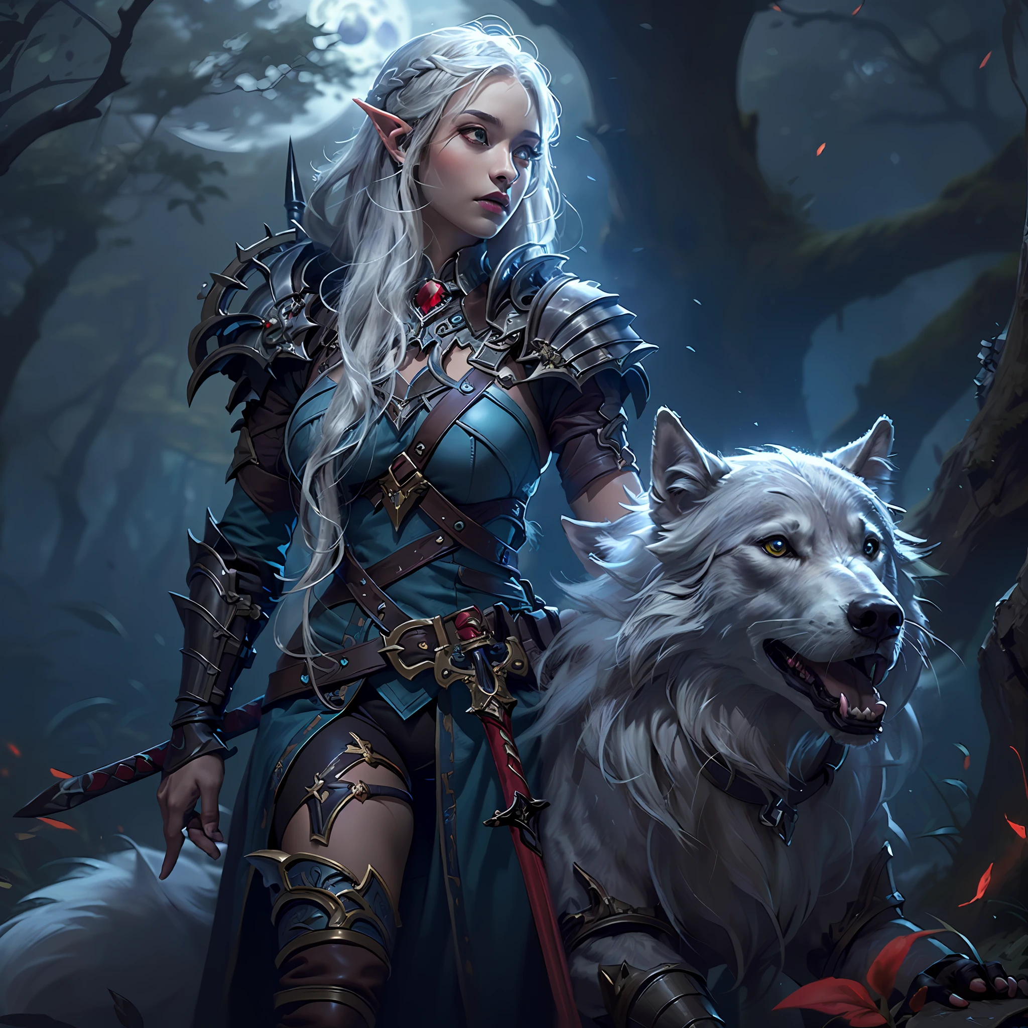 high details, best quality, 8k, [ultra detailed], masterpiece, best quality, (extremely detailed), dynamic angle, ultra wide shot, RAW, photorealistic, fantasy art, dnd art, rpg art, realistic art, a wide angle picture of a female drow ranger and her pet wolf,  warrior of nature, fighter of nature, full body, [[anatomically correct]] full body (1.5 intricate details, Masterpiece, best quality) talking to a wolf (1.6 intricate details, Masterpiece, best quality) armed with a sword  (1.5 intricate details, Masterpiece, best quality) magical sword, glowing in blue light. in dark forest (1.5 intricate details, Masterpiece, best quality), a female  dark elf wearing leather armor (1.4 intricate details, Masterpiece, best quality), leather boots, thick hair, long hair, white hair, black skin intense eyes, forest  background (intense details), moon light, stars light, clouds (1.4 intricate details, Masterpiece, best quality), dynamic angle, (1.4 intricate details, Masterpiece, best quality) 3D rendering, high details, best quality, highres, ultra wide angle