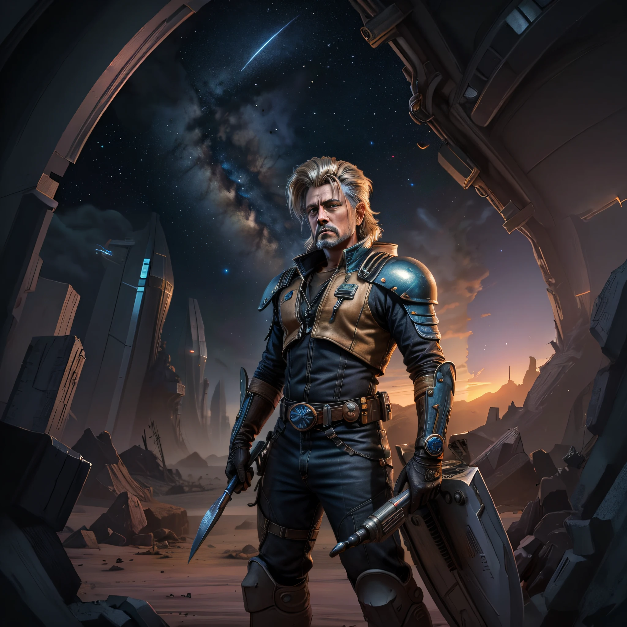 arafed image of a man in a space suit holding a sword, donald trump is a space marine, epic scifi character art, epic sci - fi character art, epic sci-fi character art, inspired by Zoltan Boros, starfinder character, trending on artstation 4k, donald trump as thanos, starfinder style, starcraft 2 videogame character