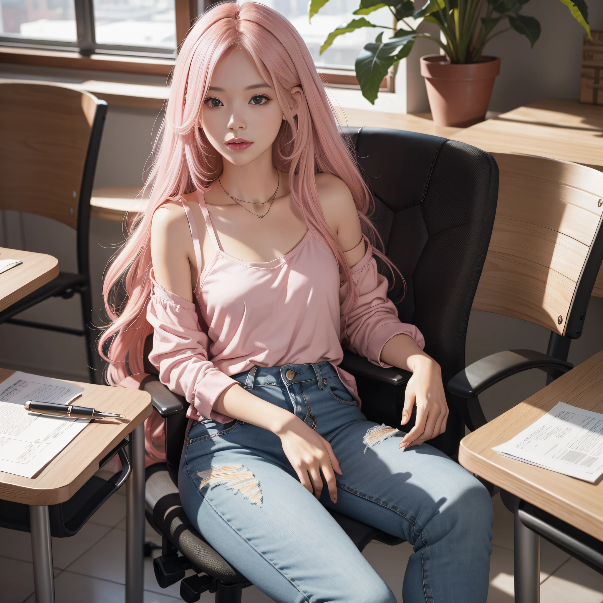 A girl，long pink  hair，Strappy jeans，I was sitting at my desk studying hard，and the sun was shining brightly