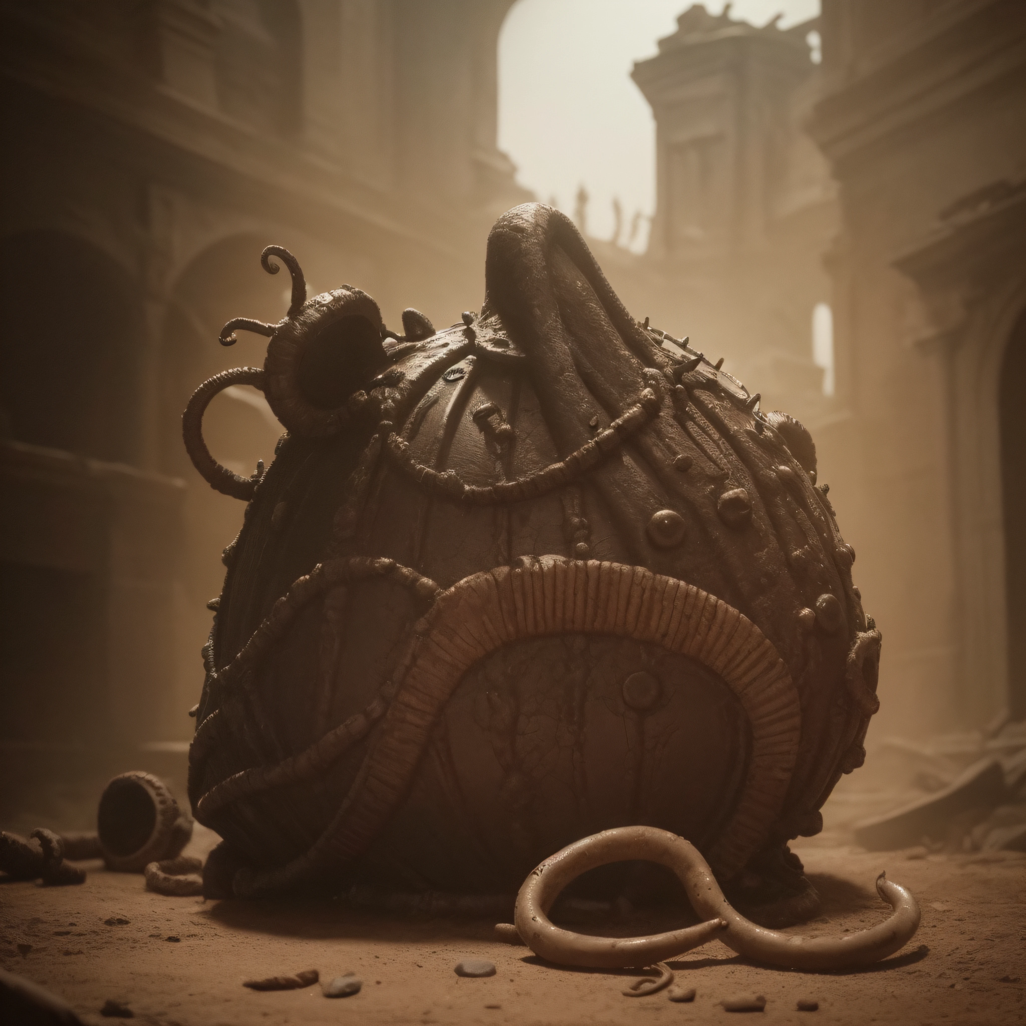 (extremadamente detallado, obra maestra, La mejor calidad), Estilo oscuro, intense illumination, rostro con arrugas, soldier, medieval armor, rusted, axe, tentacle, monstruoso, interior de una piscina de agua verdosa, imagen submarina, alien con Colmillos finos. manchas de tinta. Rococo composition. Luz de caravaggio