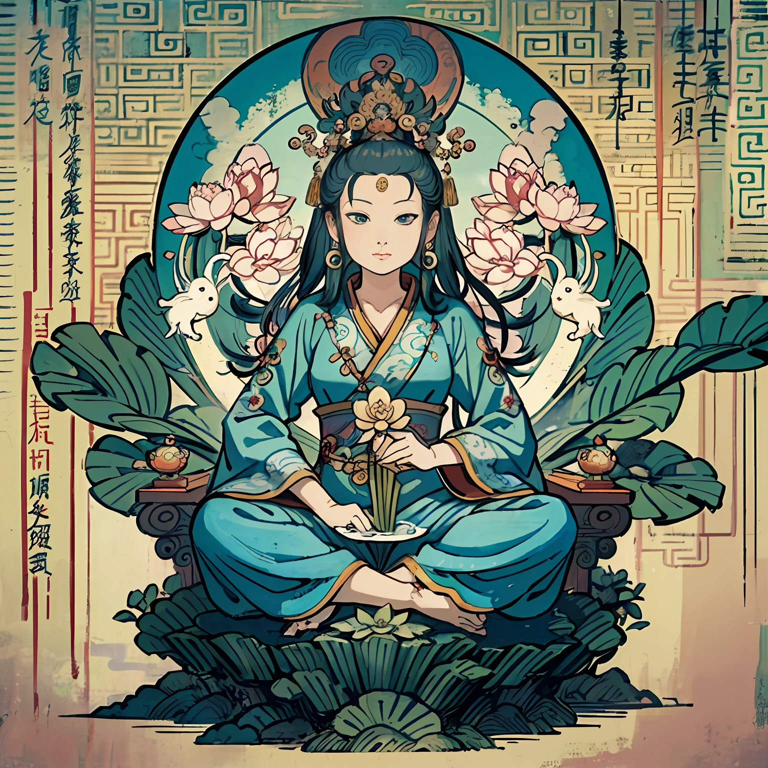 Woman sitting on a lotus,guanyin of the southern seas,Guanyin,contented female bodhisattva,jade sculpture,bodhisattva,queen of the sea mu yanling,serene,Serene expression,shui mo hua,Buddha,Buddhist,Lotus,Chinese painting style,Thangka style