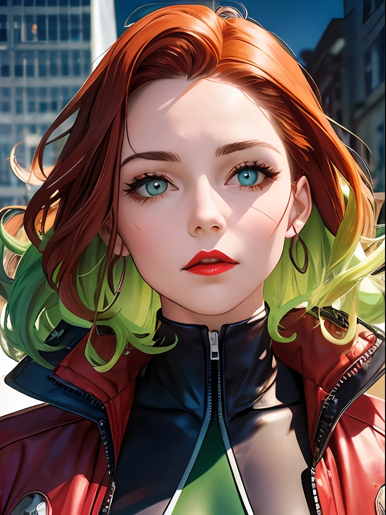 Masterpiece, Best quality, 1fille, red lips, seulement, veste bomber, Yeux verts, Combinaison verte et jaune, curly hair, cheveux multicolores, cheveux blancs, cheveux roux, Cheveux Auburn, cheveux bicolores,ombre , Rogue des X-men, Anna Lebeau, frange, side lighting, peau peau, portrait, superhero,Meilleure illustration, Contexte de la ville,