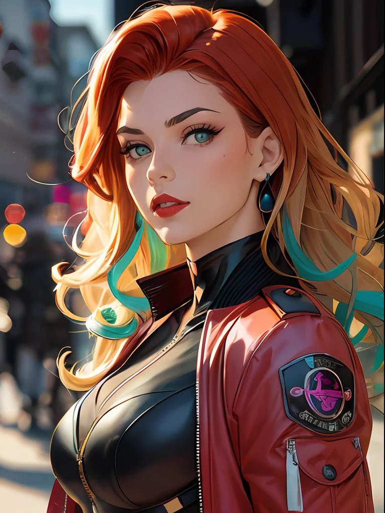 Masterpiece, Best quality, 1fille, red lips, seulement, veste bomber, Yeux verts, Combinaison verte et jaune, curly hair, cheveux multicolores, cheveux blancs, cheveux roux, Cheveux Auburn, cheveux bicolores,ombre , Rogue des X-men, Anna Lebeau, frange, side lighting, peau peau, portrait, superhero,Meilleure illustration, Contexte de la ville,