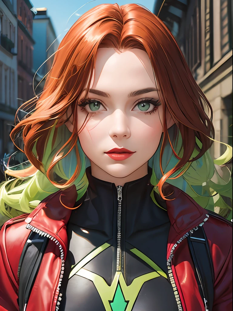 Masterpiece, Best quality, 1fille, red lips, seulement, veste bomber, Yeux verts, Combinaison verte et jaune, curly hair, cheveux multicolores, cheveux blancs, cheveux roux, Cheveux Auburn, cheveux bicolores,ombre , Rogue des X-men, Anna Lebeau, frange, side lighting, peau peau, portrait, superhero,Meilleure illustration, Contexte de la ville,