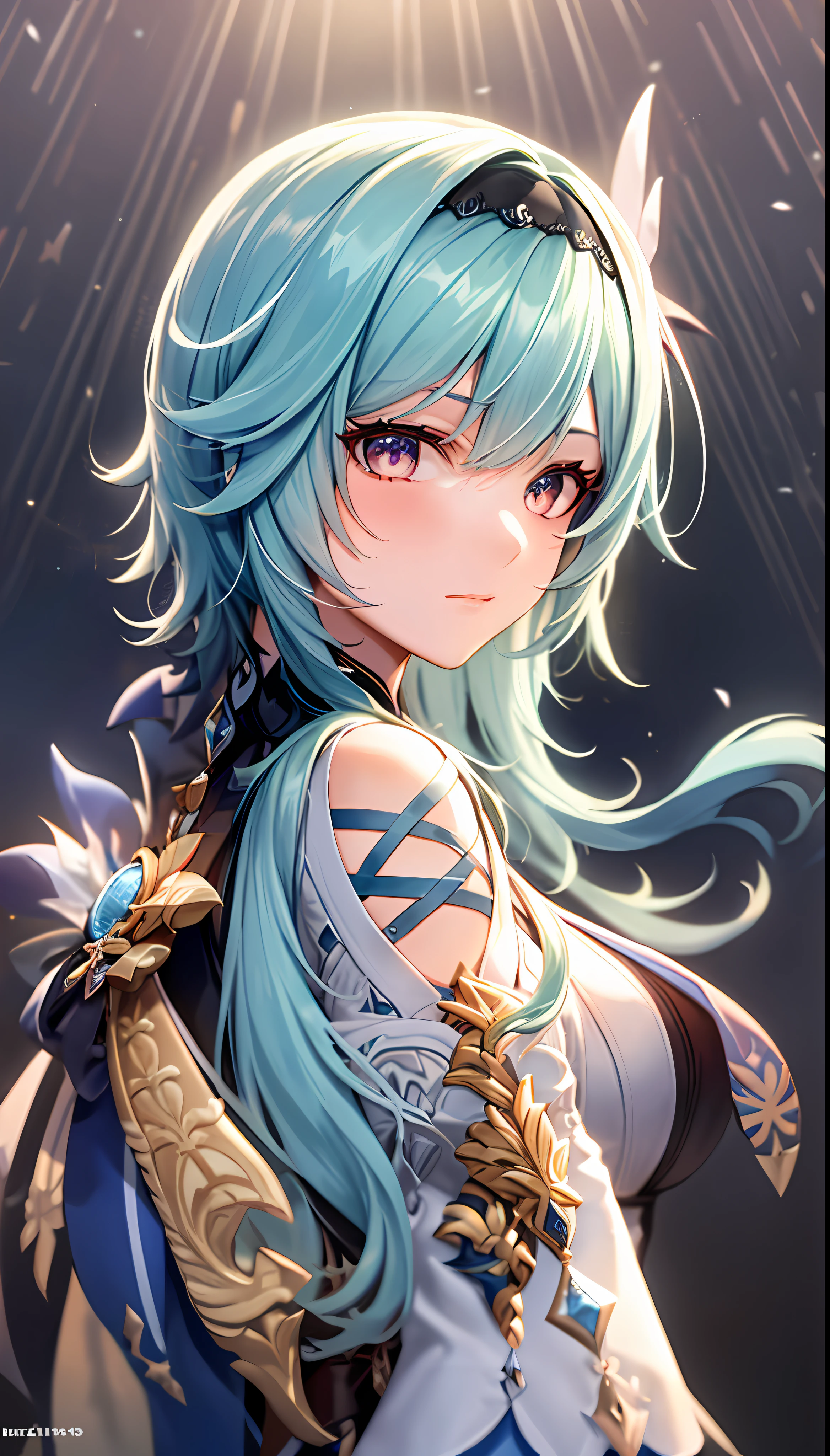 Mast, best quality, 1 girl, eula \ (Genshin Impact), blue hair, blond eyes, short hair, headband, hair accessories, looking at the audience, from the side, detailed eyes, large breasts