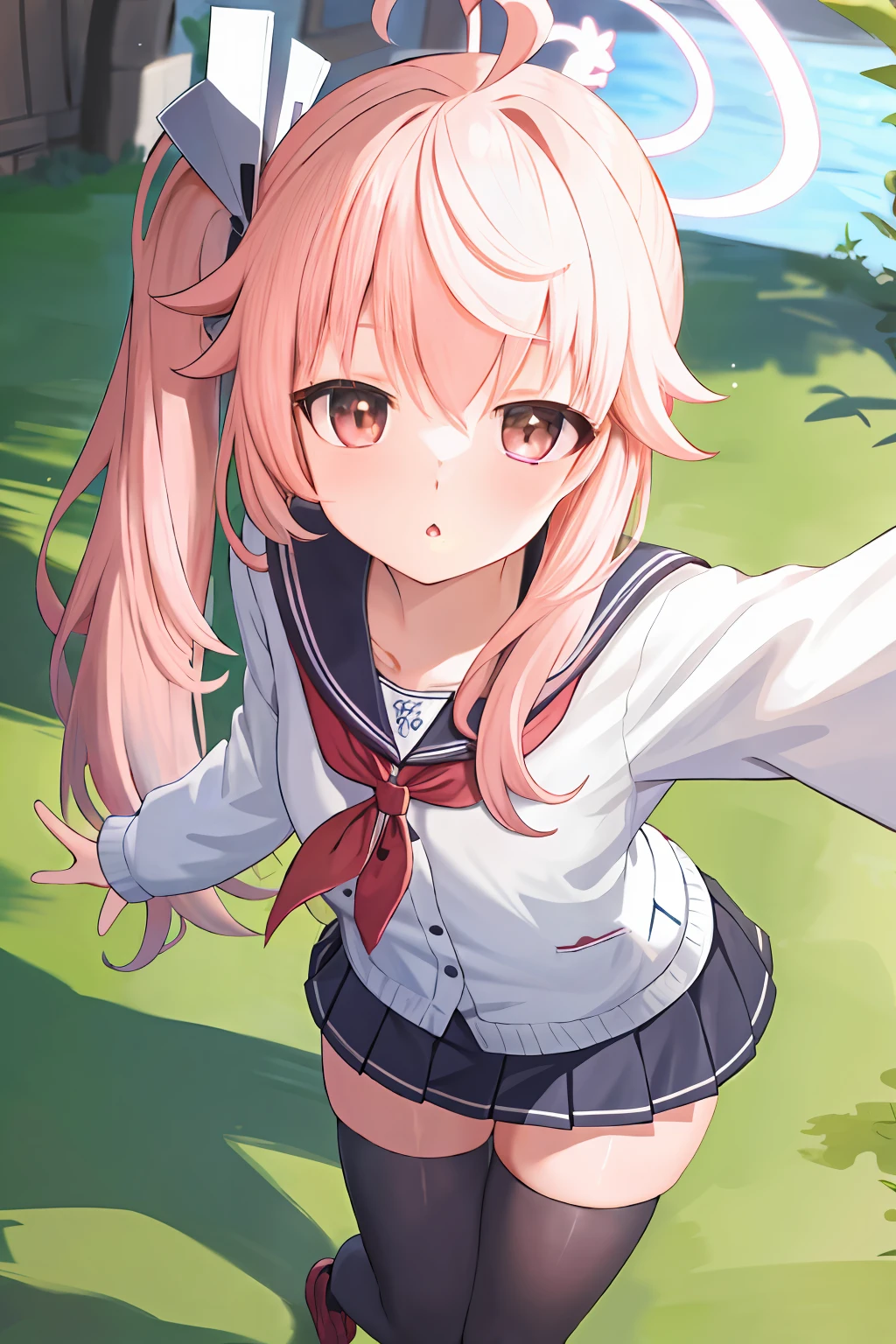 1girl, natsu,pink hair, halo, ahoge,side ponytail, long hair,ahoge,hair ornament,
long hair,long sleeves,sailor collar,school uniform,serafuku,skirt,thighhighs,black thighhighs,red neckerchief,
(dynamic pose,:1.3),from above,